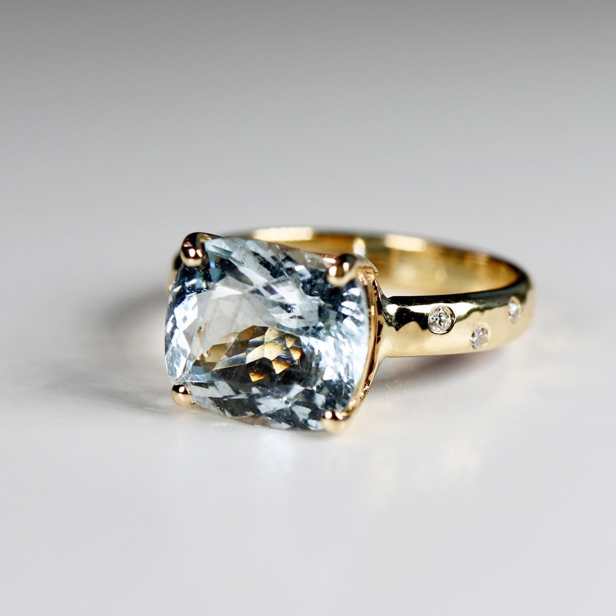 Flush Setting Diamond Band Cushion Aquamarine Ring in 14k Gold - Melt'm Jewelry