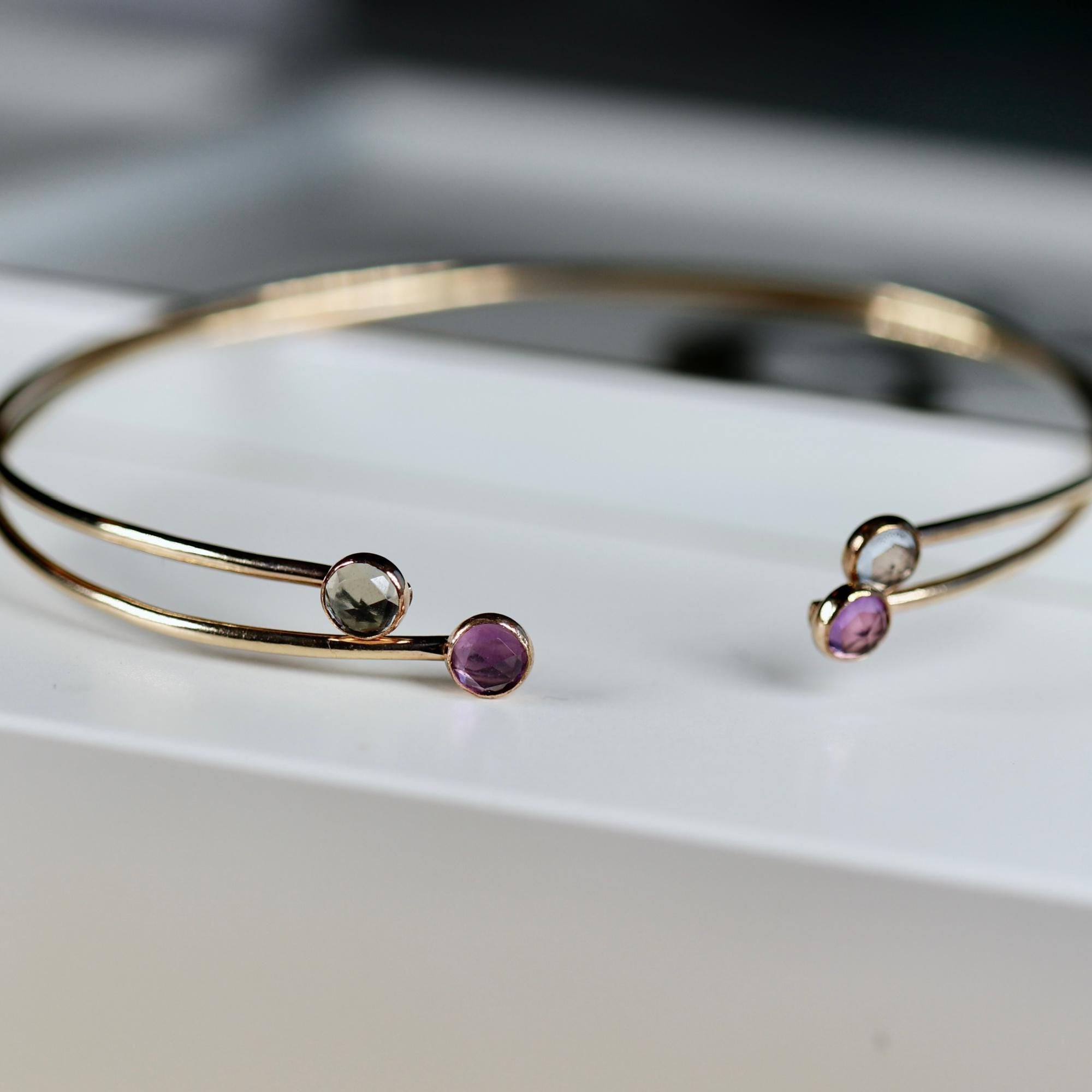 Dual Birthstone Bracelets Gold Filled or Sterling Silver, Open Gemstone Bangles