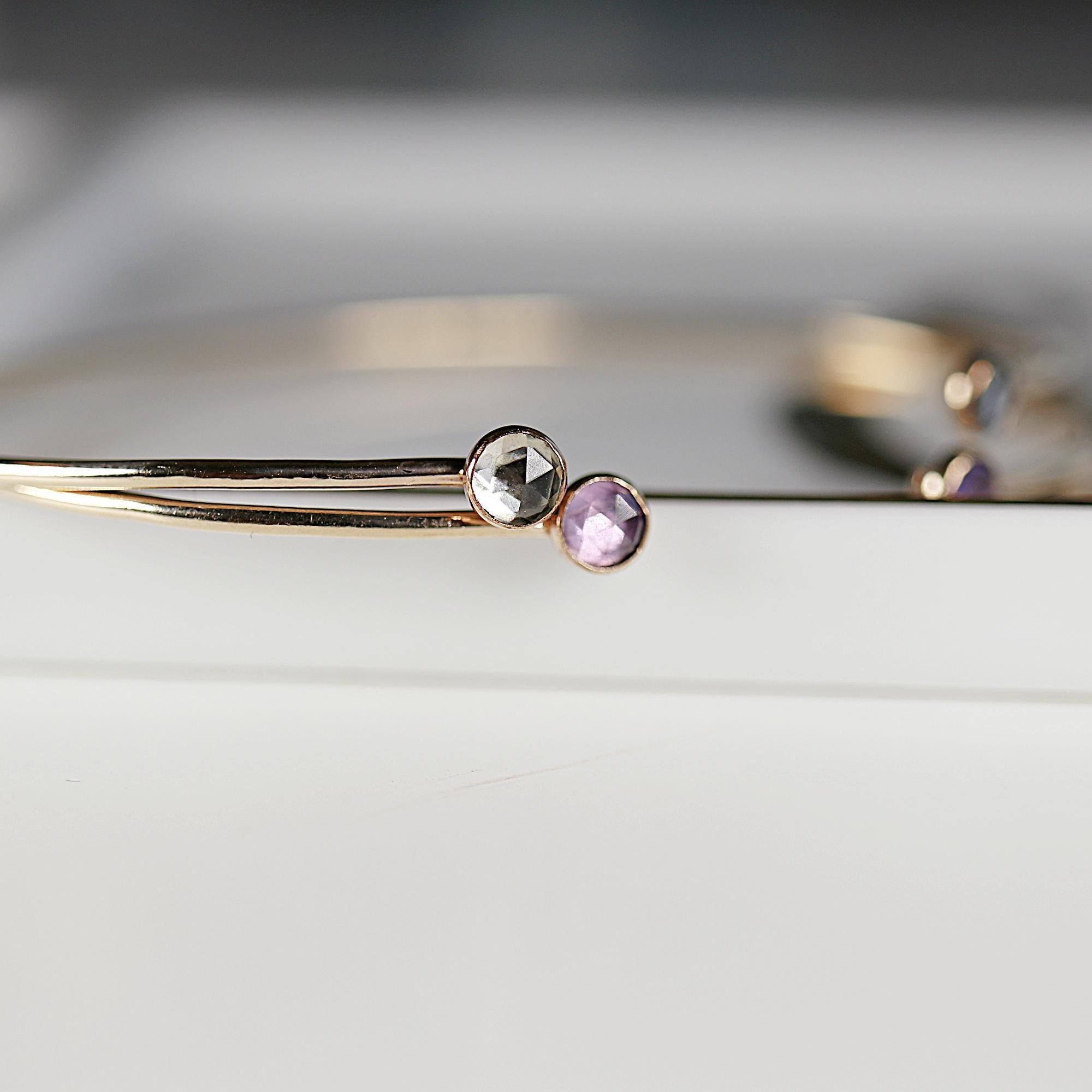 Dual Birthstone Bracelets Gold Filled or Sterling Silver, Open Gemstone Bangles