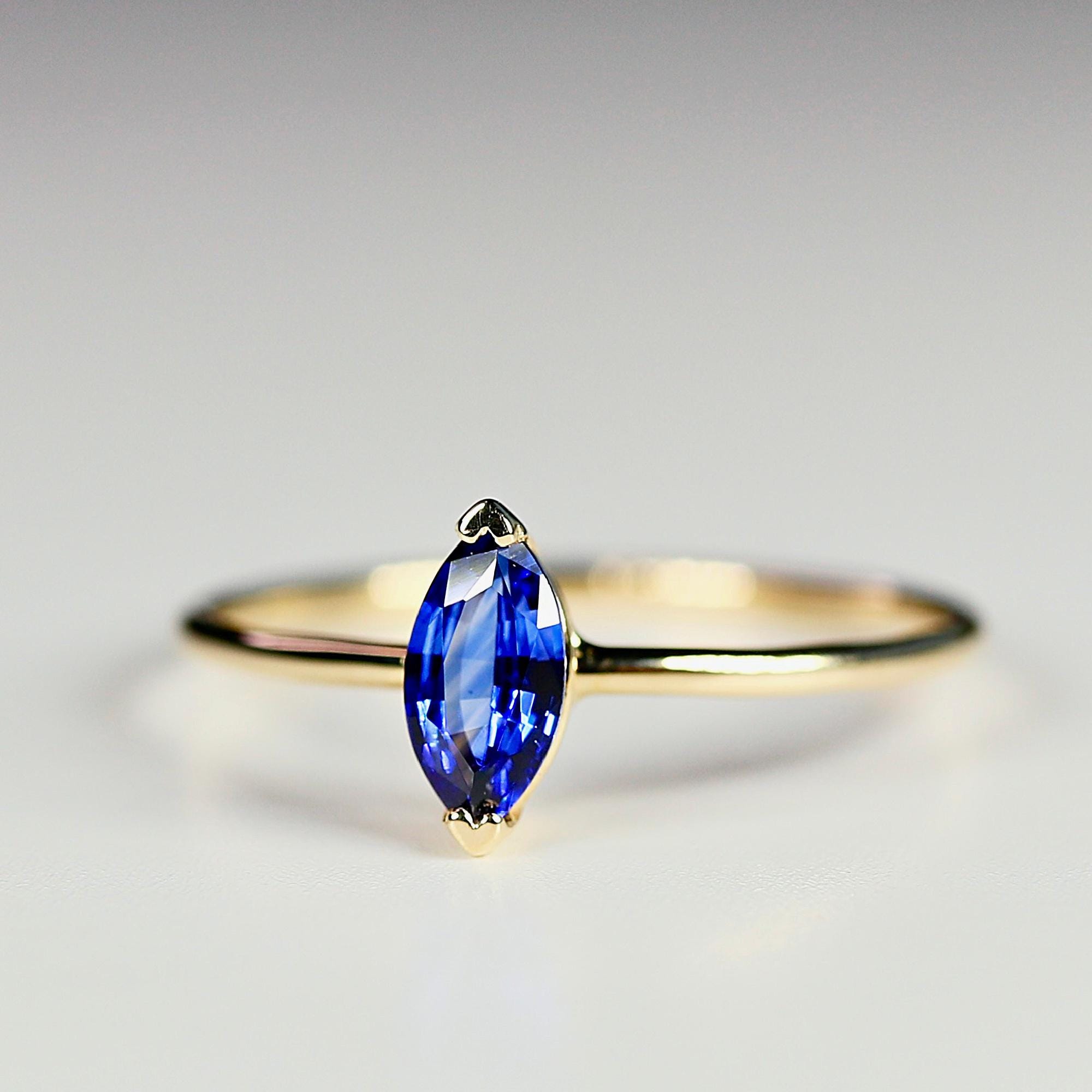 Marquise Blue Sapphire Ring 14k Solid Gold, Anniversary Gift, September Birthstone, Three Stone Ring, Unique Marquise Engagement Ring,