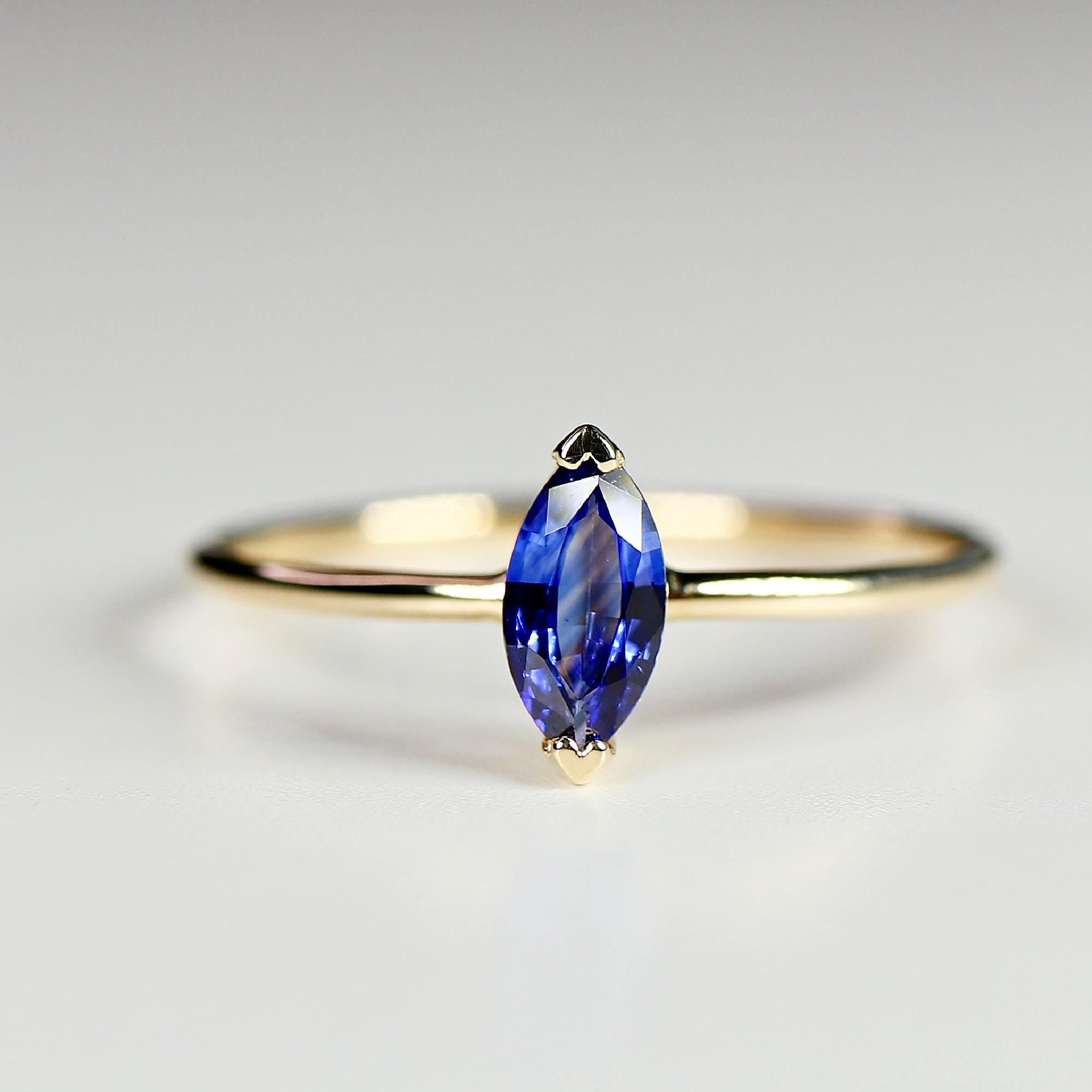 Marquise Blue Sapphire Ring 14k Solid Gold, Anniversary Gift, September Birthstone, Three Stone Ring, Unique Marquise Engagement Ring,