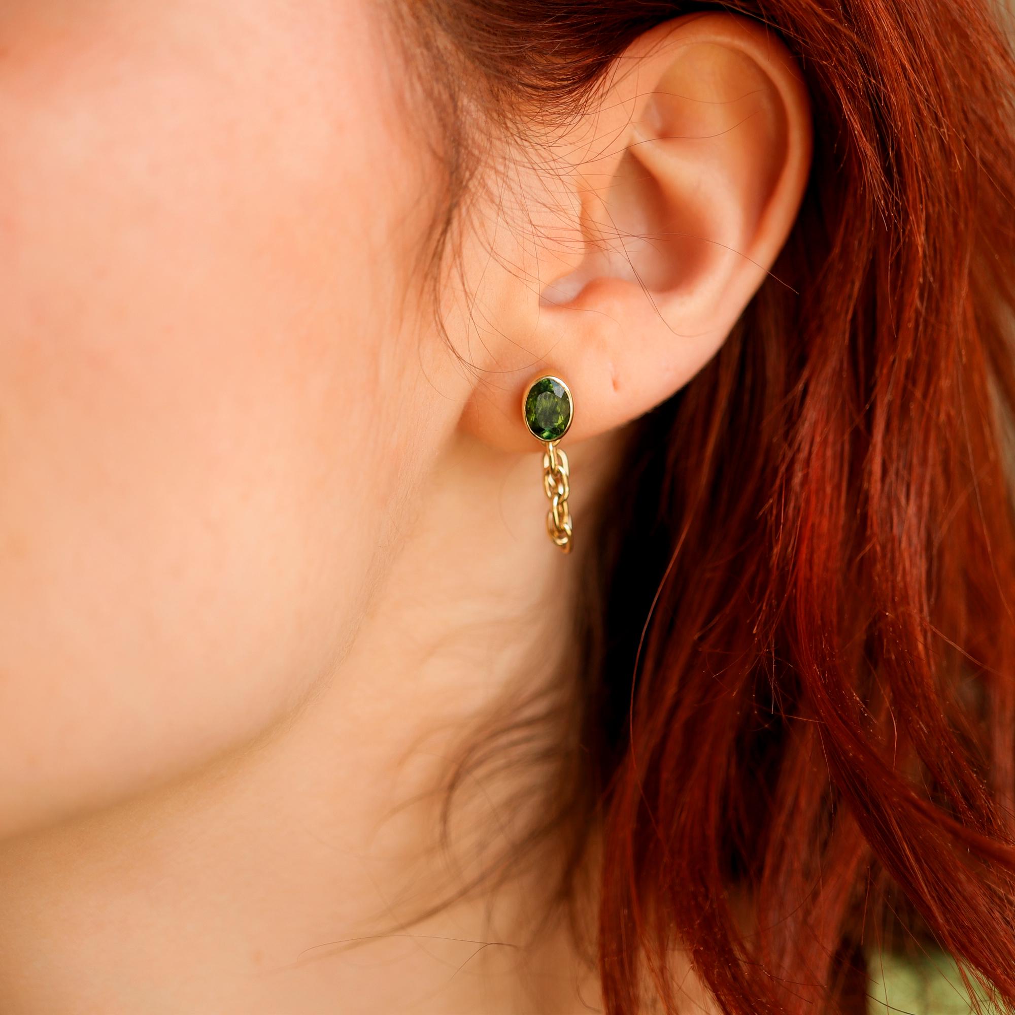 14k Solid Gold Green Tourmaline Chain Earrings