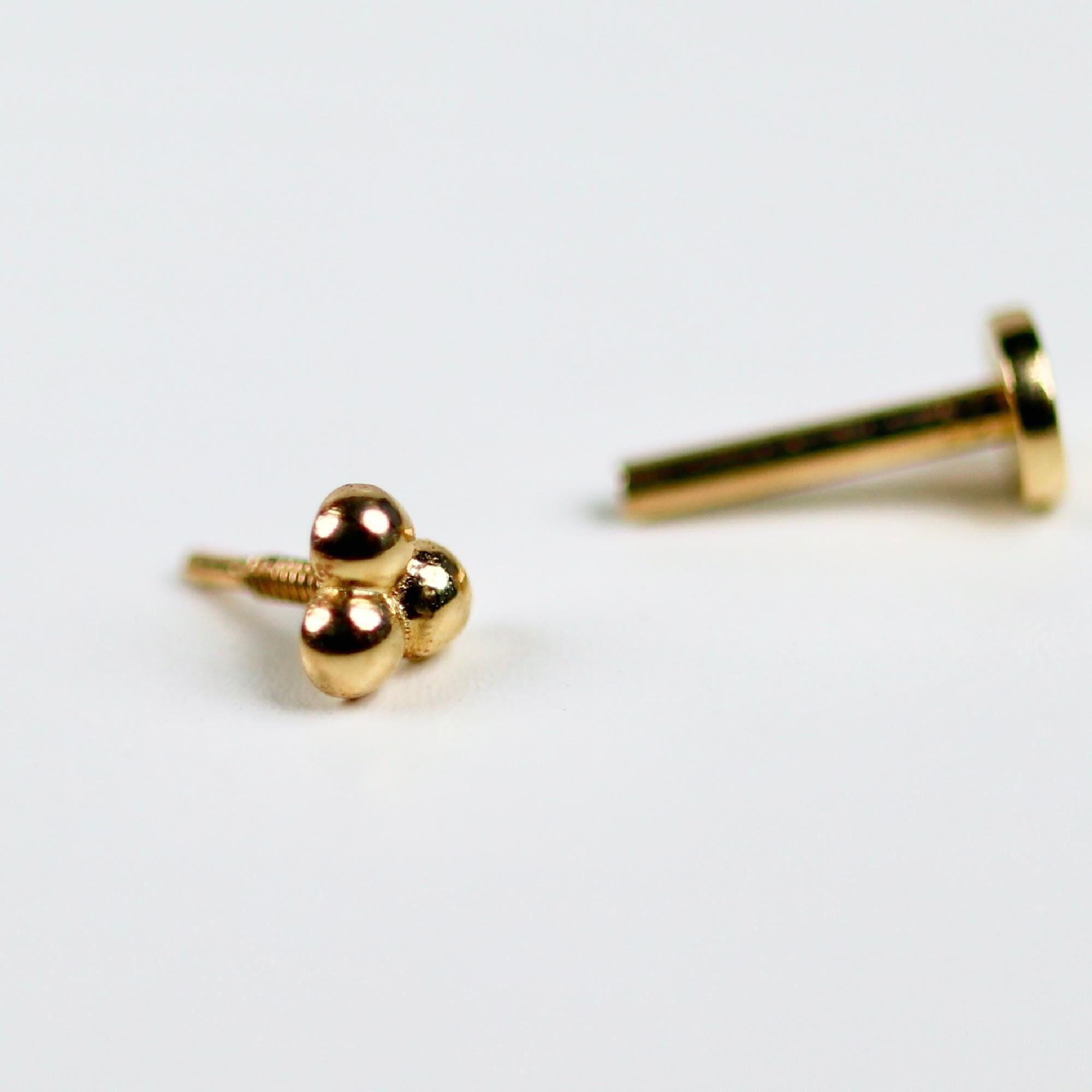 Trinity Internally Threaded Flat Back Earrings 14k Solid Gold, Tiny Three Ball Earrings Labret Studs, Tragus Stud, Christmas Gift