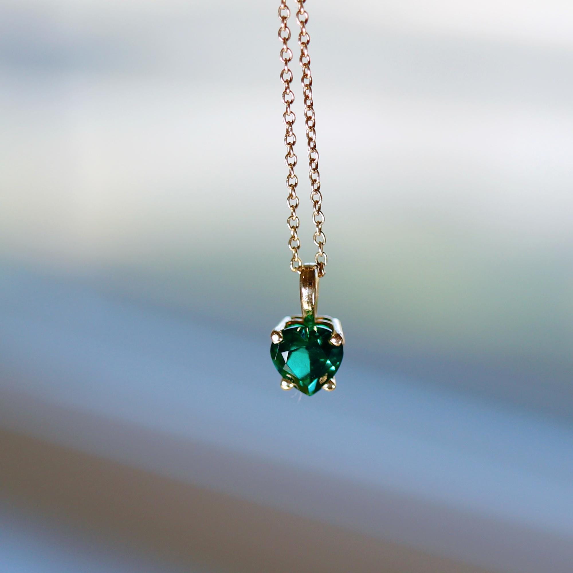 Emerald Necklace 14k Solid Gold, Minimalist Heart Emerald Necklace