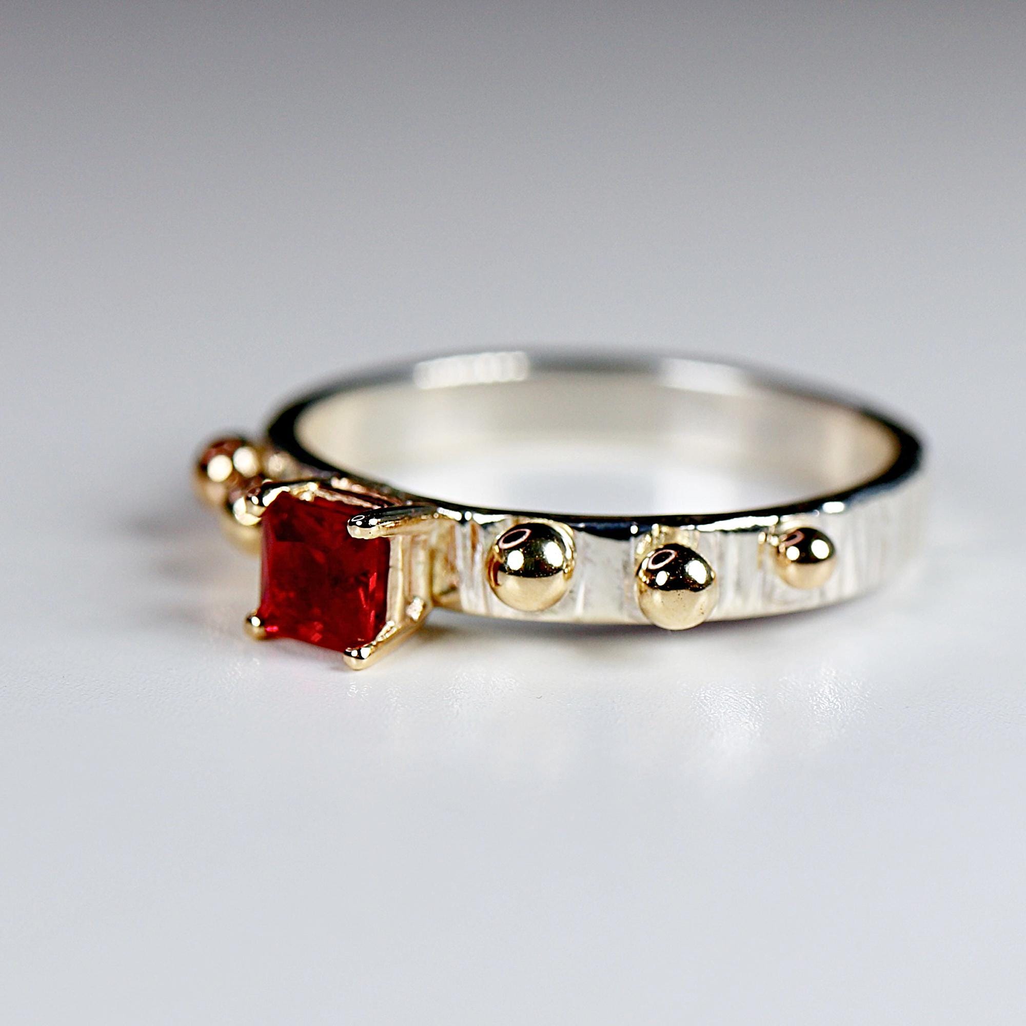 Ruby Ring, Mixed Metal Ring, July Birthstone Textured Band Sterling Silver and Gold Granule Accents, Silver Ruby Ring, Art Deco Ring