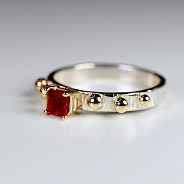 Ruby Ring, Mixed Metal Ring, July Birthstone Textured Band Sterling Silver and Gold Granule Accents, Silver Ruby Ring, Art Deco Ring