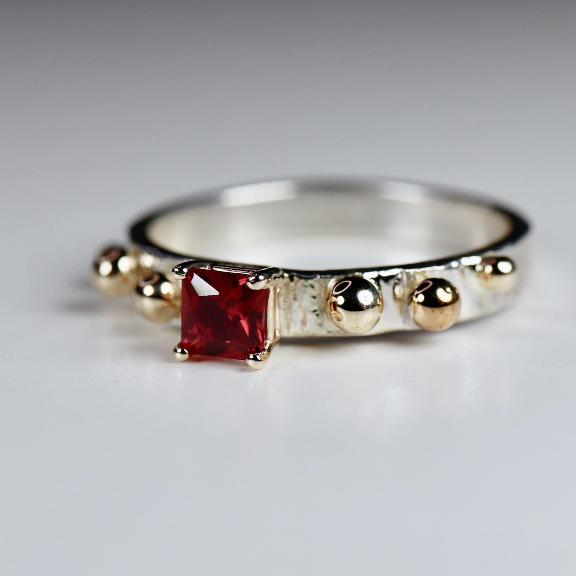 Ruby Ring, Mixed Metal Ring, July Birthstone Textured Band Sterling Silver and Gold Granule Accents, Silver Ruby Ring, Art Deco Ring