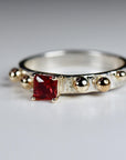 Ruby Ring, Mixed Metal Ring, July Birthstone Textured Band Sterling Silver and Gold Granule Accents, Silver Ruby Ring, Art Deco Ring