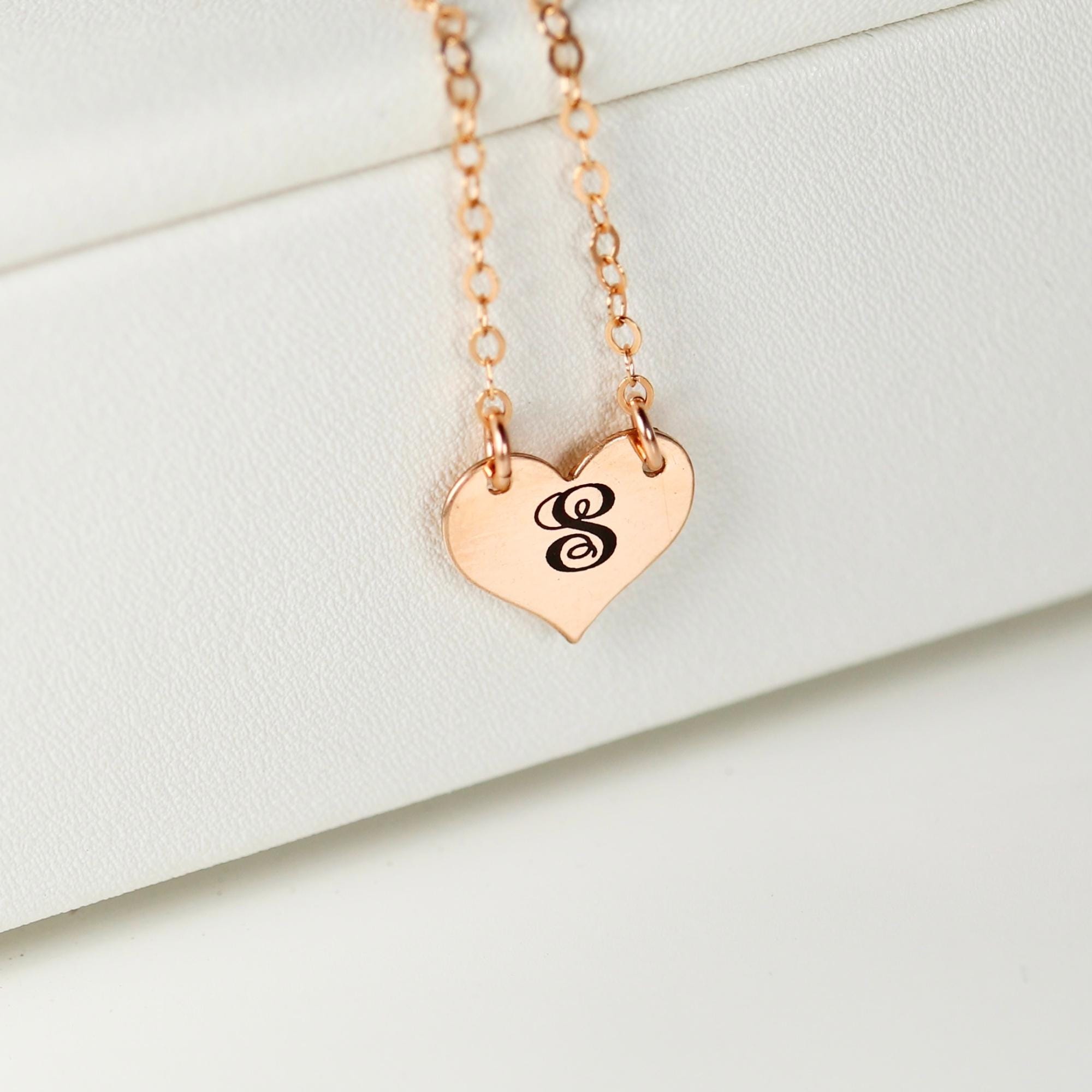 Rose Gold Personalized Heart Necklace, Gothic Letter Necklace, Monogram Initial Necklace, Gift For Best Friend, Heart Jewelry