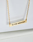 Roman Numeral Gold Bar Necklace, Engraving Custom Necklace, Gift for Daughter, Custom Coordinates Bar Necklace