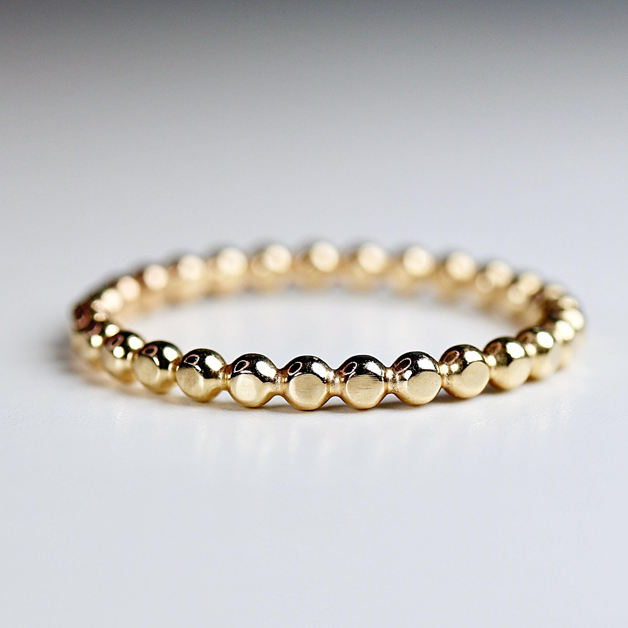 14k Solid Gold Beaded Ring, Skinny Hammered Beaded Stacking Ring