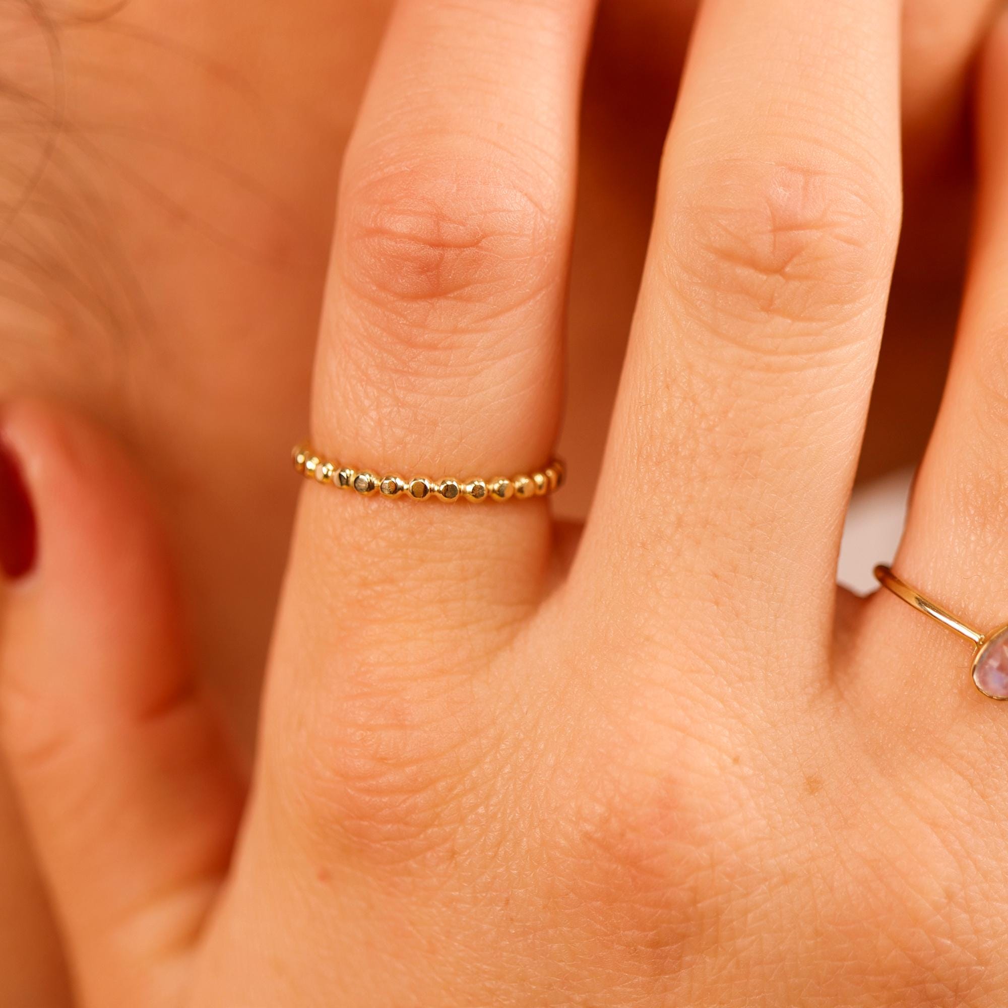 14k Solid Gold Beaded Ring, Skinny Hammered Beaded Stacking Ring - Melt'm Jewelry