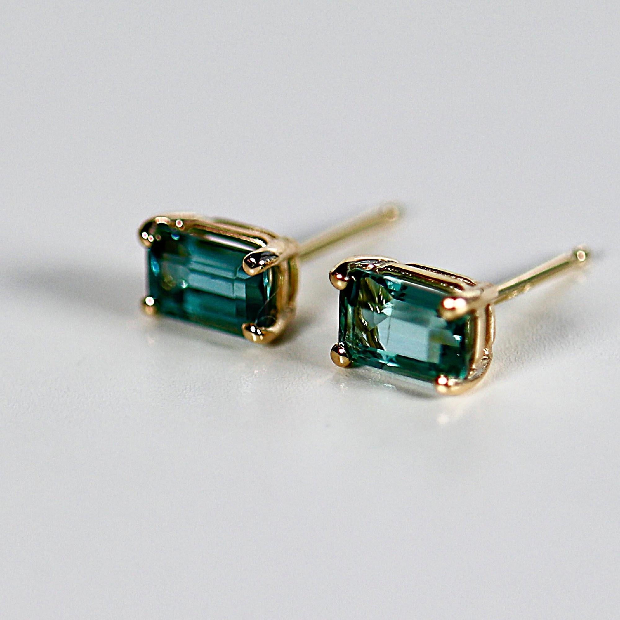 Teal Green Tourmaline Earrings 14k Gold, Emerald Cut Tourmaline Stud Earrings, OOAK Green Tourmaline Earrings Studs, 8th Anniversary Gift