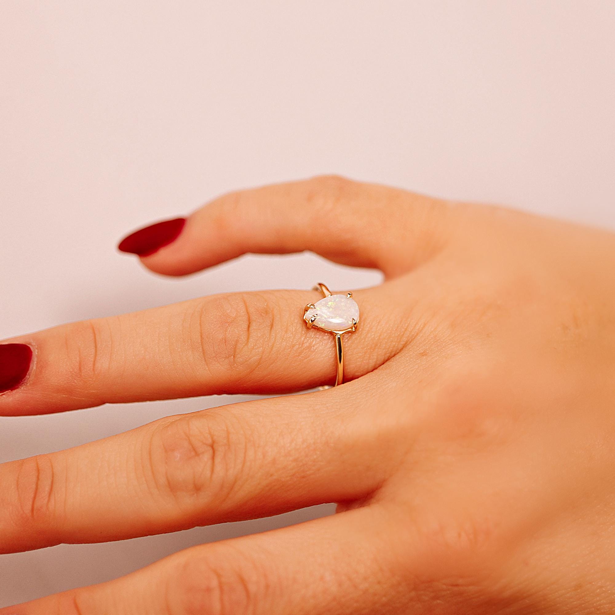 Pear Cut Australian Opal Engagement Ring 14k Solid Gold - Melt'm Jewelry