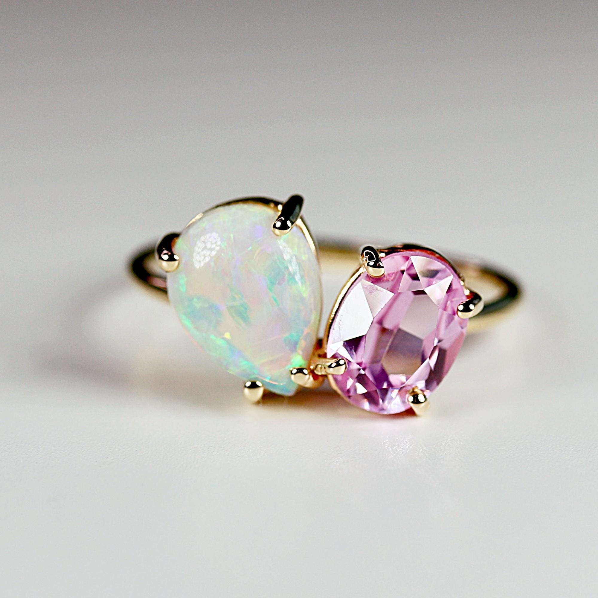 Toi et Moi Ring 14k Gold, Two Stone Ring, Opal &amp; Pink Topaz Engagement Ring, You and Me Ring, Cluster Ring, Anniversary Ring