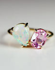 Toi et Moi Ring 14k Gold, Two Stone Ring, Opal & Pink Topaz Engagement Ring, You and Me Ring, Cluster Ring, Anniversary Ring