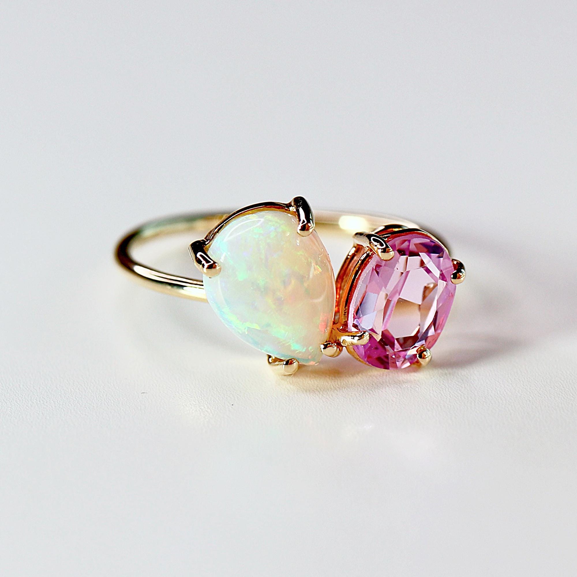 Toi et Moi Ring 14k Gold, Two Stone Ring, Opal & Pink Topaz Engagement Ring, You and Me Ring, Cluster Ring, Anniversary Ring