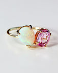 Toi et Moi Ring 14k Gold, Two Stone Ring, Opal & Pink Topaz Engagement Ring, You and Me Ring, Cluster Ring, Anniversary Ring