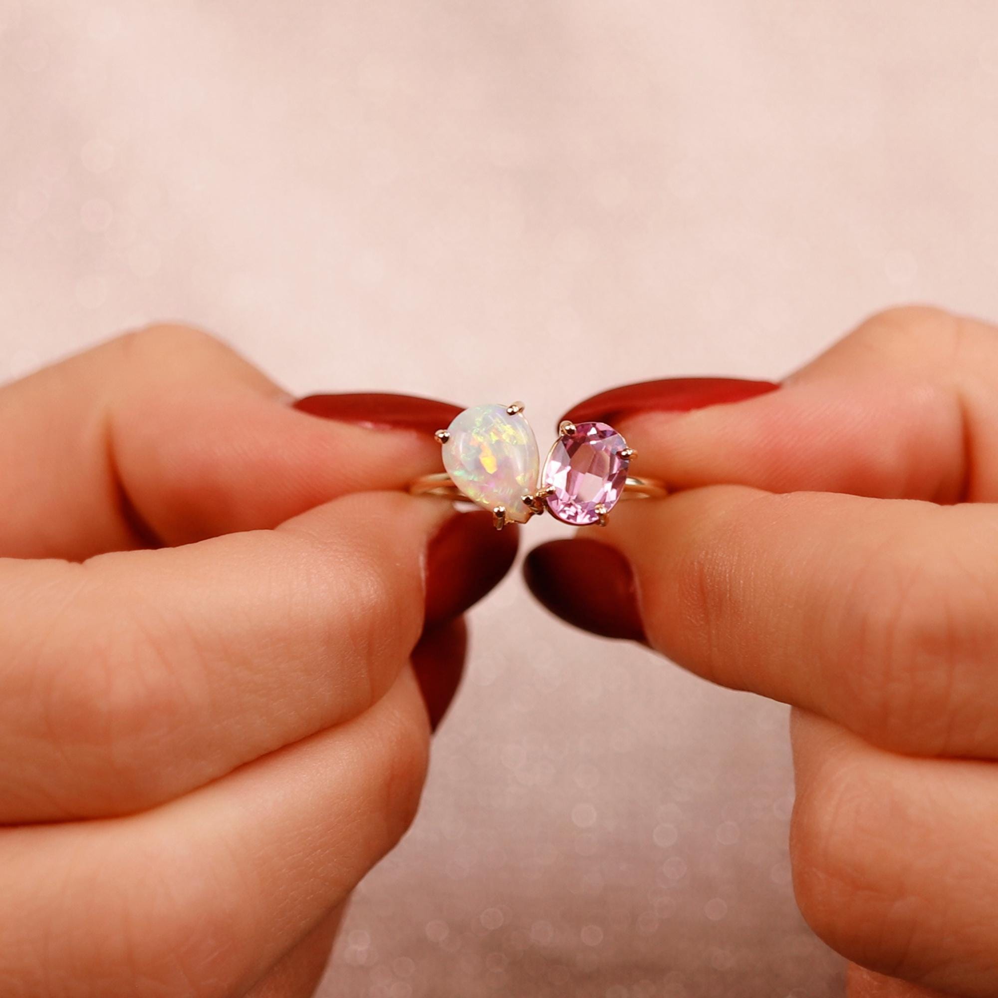 Toi et Moi Ring 14k Gold, Opal &amp; Pink Topaz Engagement Ring