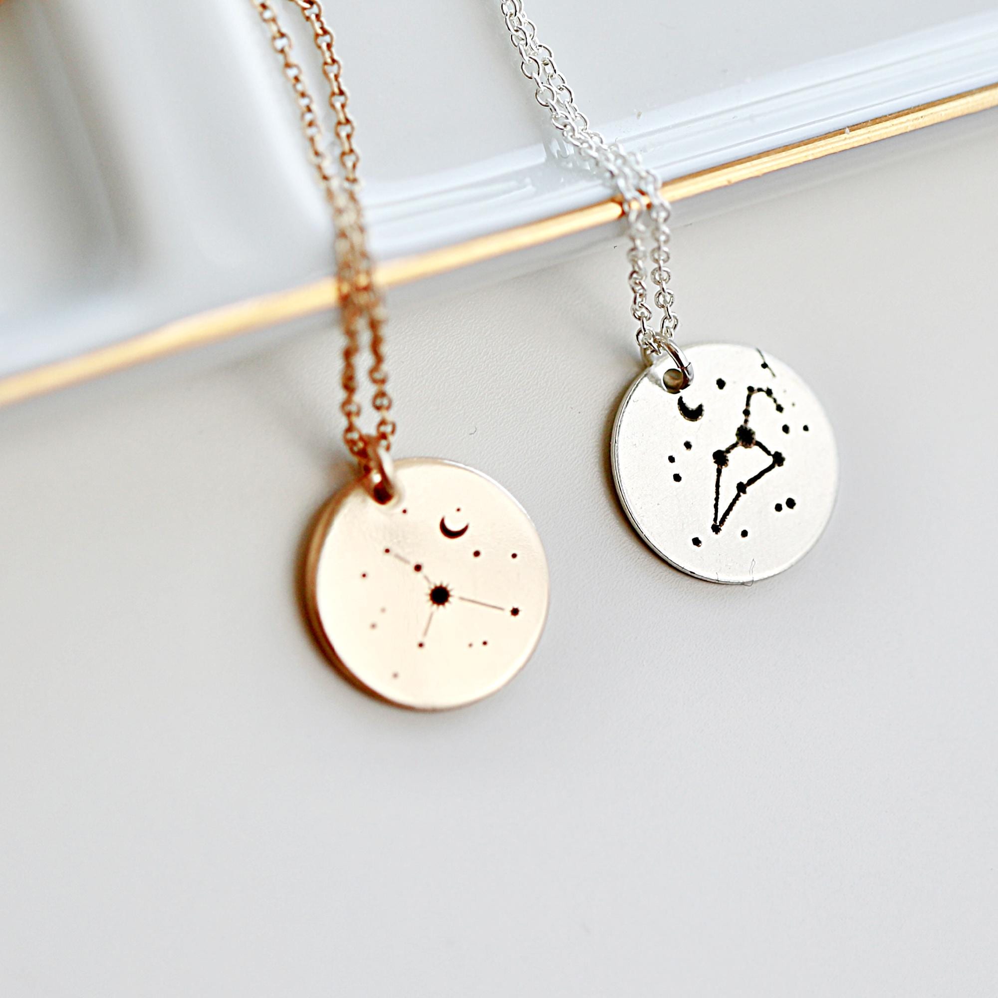 Gold Constellation Necklace, Custom Zodiac Necklace, Engraving Astrology Necklace, Silver or Gold Filled Coin, Gift For Best Friend