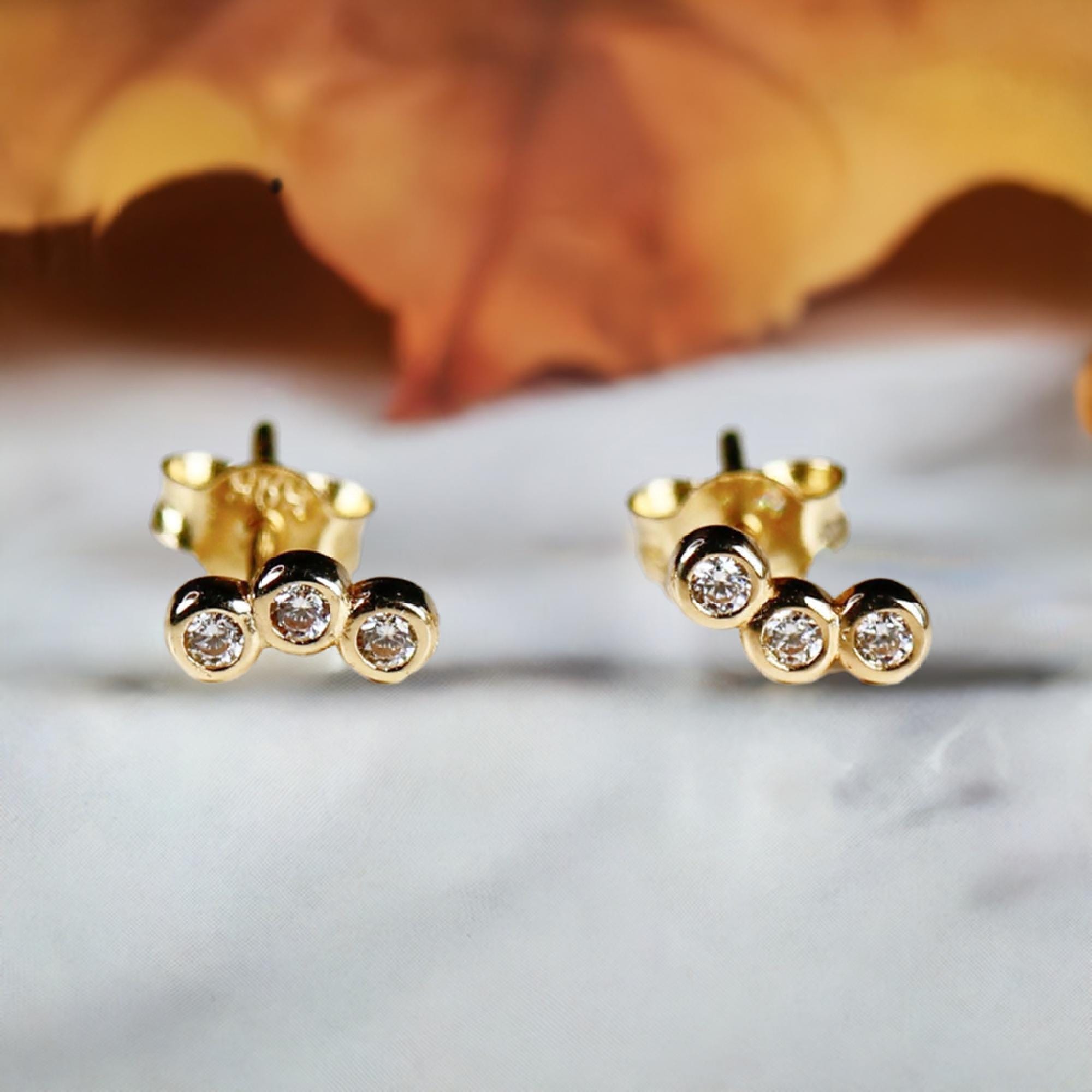 14k Gold 3 Stone Bezel Set CZ Cubic Zirconia Cluster Earrings - Melt'm Jewelry