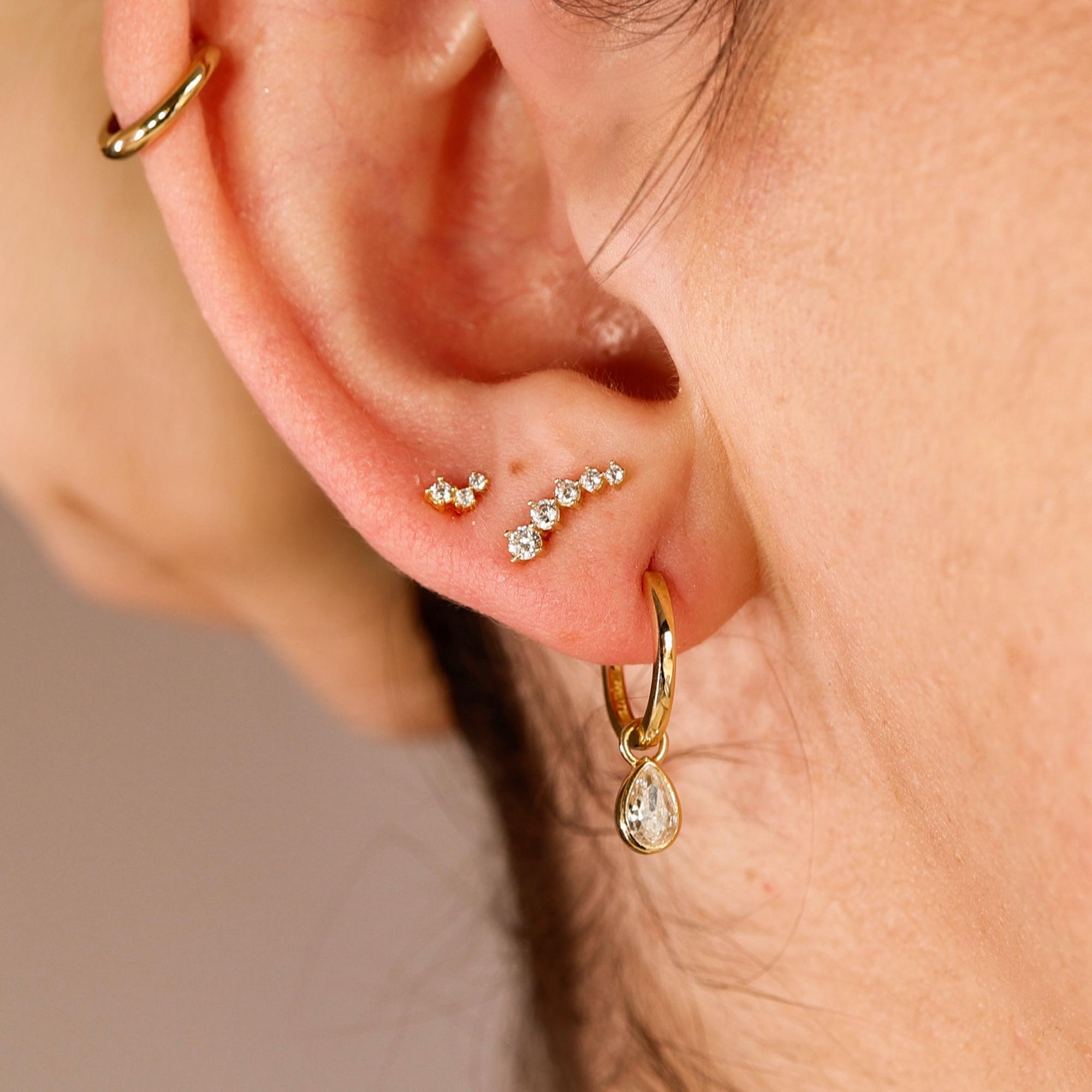 14k Gold 5 Stone CZ Ear Climber Earrings, Simulated Diamond Cluster Ear Crawler Earrings