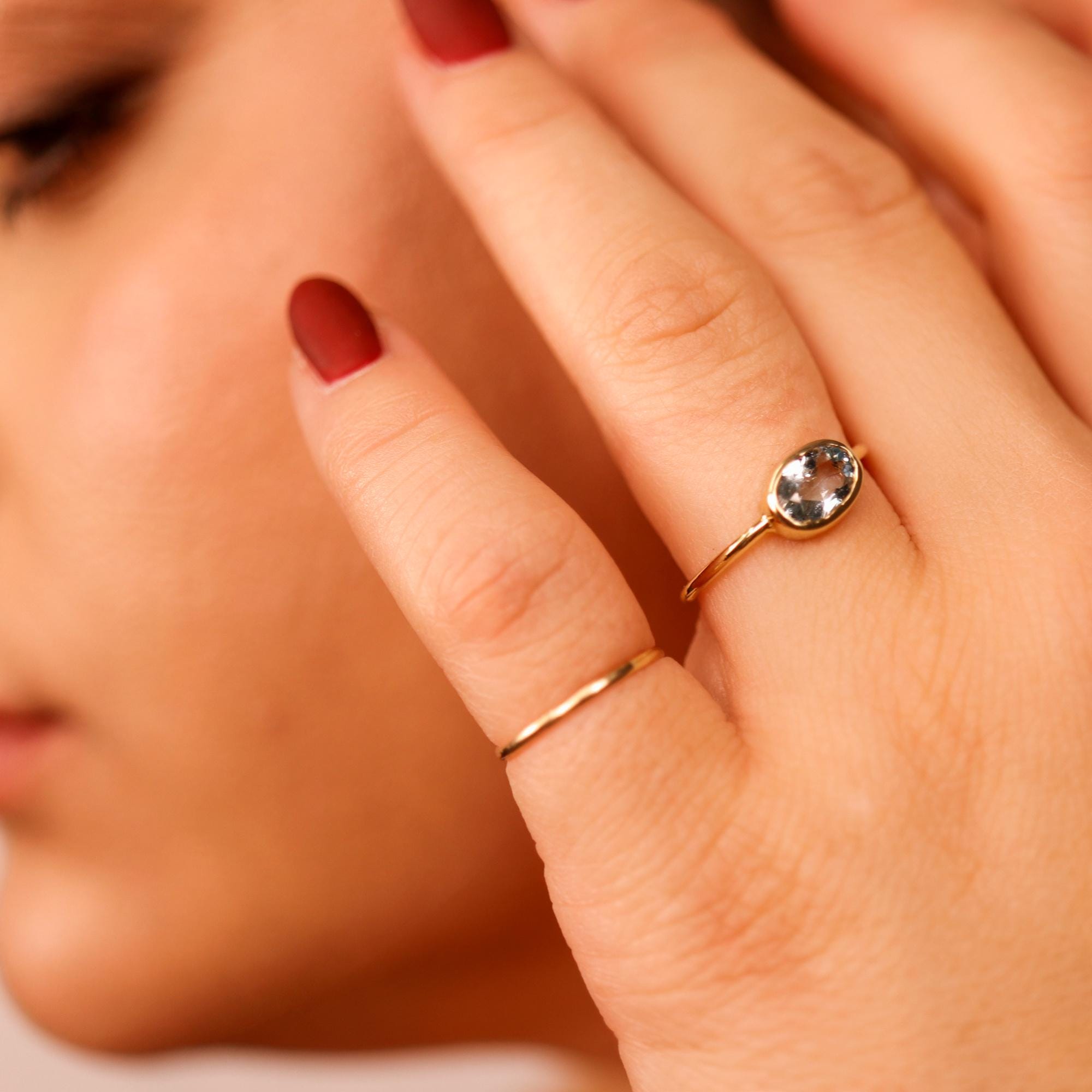 East West Aquamarine Ring 14k Solid Gold - Melt'm Jewelry