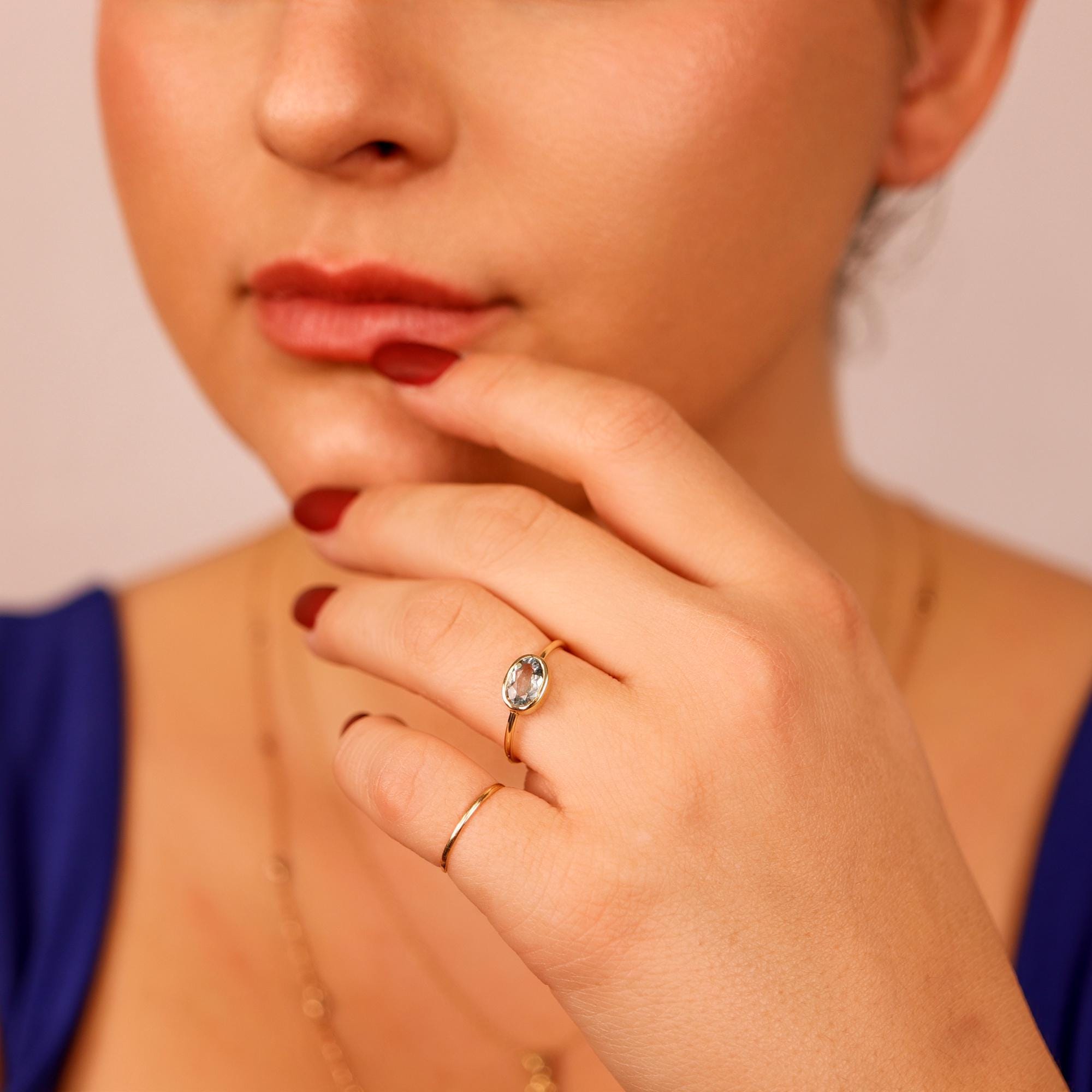 East West Aquamarine Ring 14k Solid Gold - Melt'm Jewelry