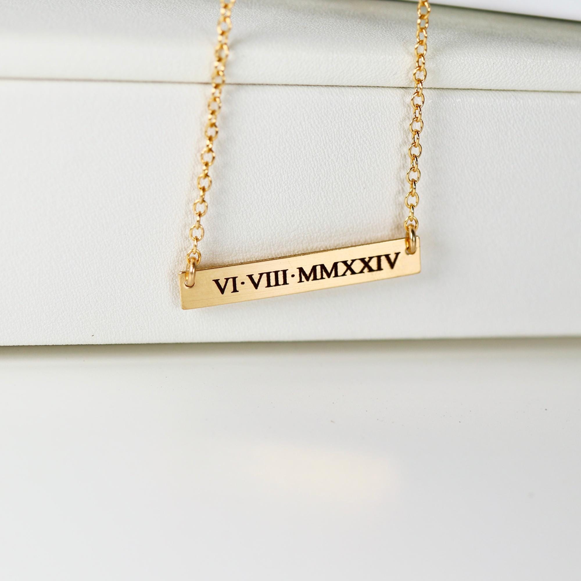 Roman Numeral Gold Bar Necklace, Engraving Custom Necklace, Gift for Daughter, Custom Coordinates Bar Necklace