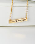 Roman Numeral Gold Bar Necklace, Engraving Custom Necklace, Gift for Daughter, Custom Coordinates Bar Necklace