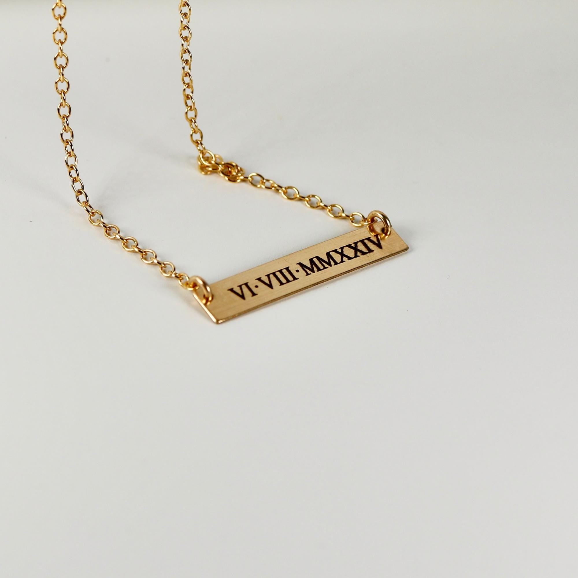 Roman Numeral Gold Bar Necklace, Engraving Custom Necklace, Gift for Daughter, Custom Coordinates Bar Necklace