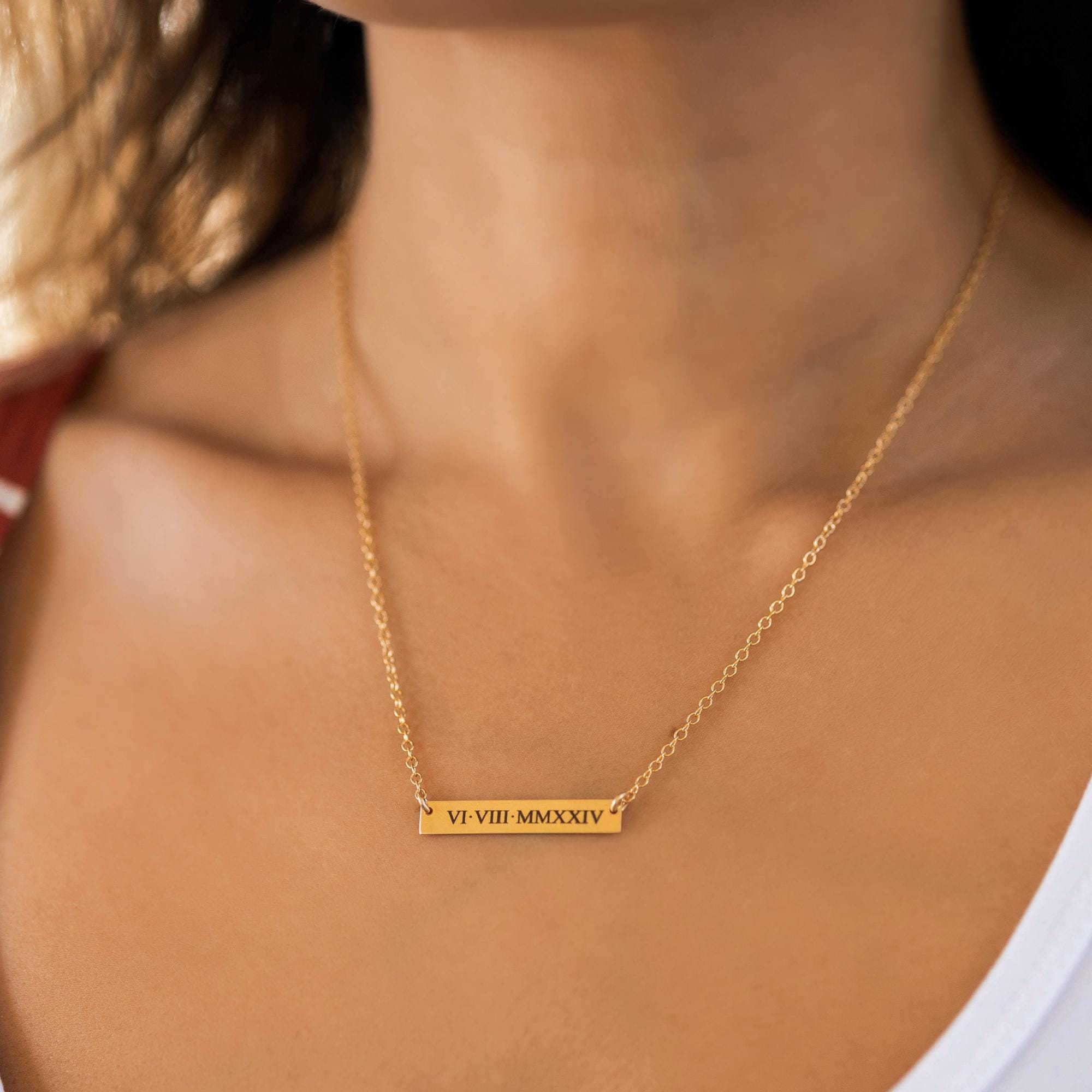 Roman Numeral Gold Bar Necklace, Engraving Custom Necklace, Gift for Daughter, Custom Coordinates Bar Necklace