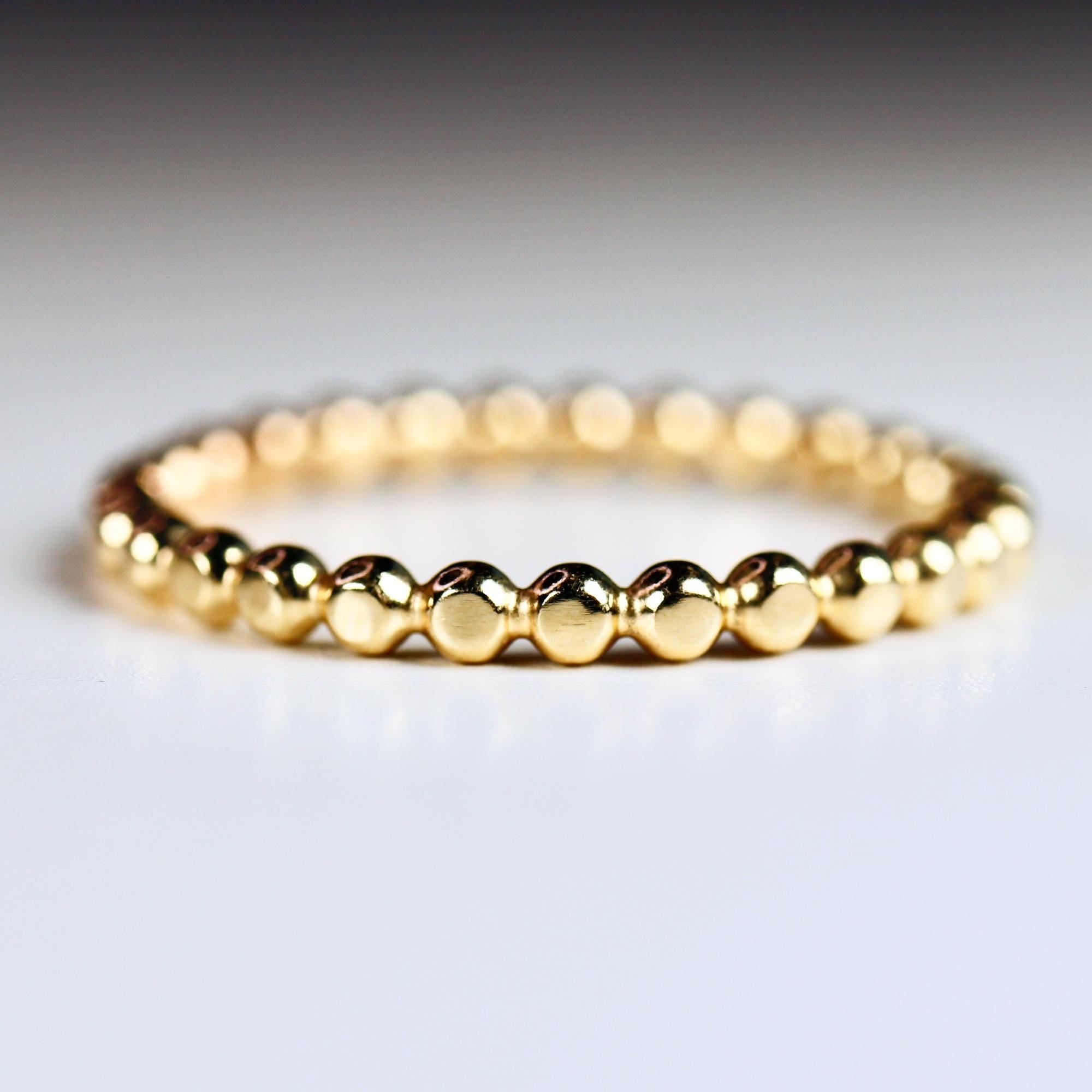 14k Solid Gold Beaded Ring, Skinny Hammered Beaded Stacking Ring, Gold Beaded Ring, 2mm Minimalist Gold Stacking Ring