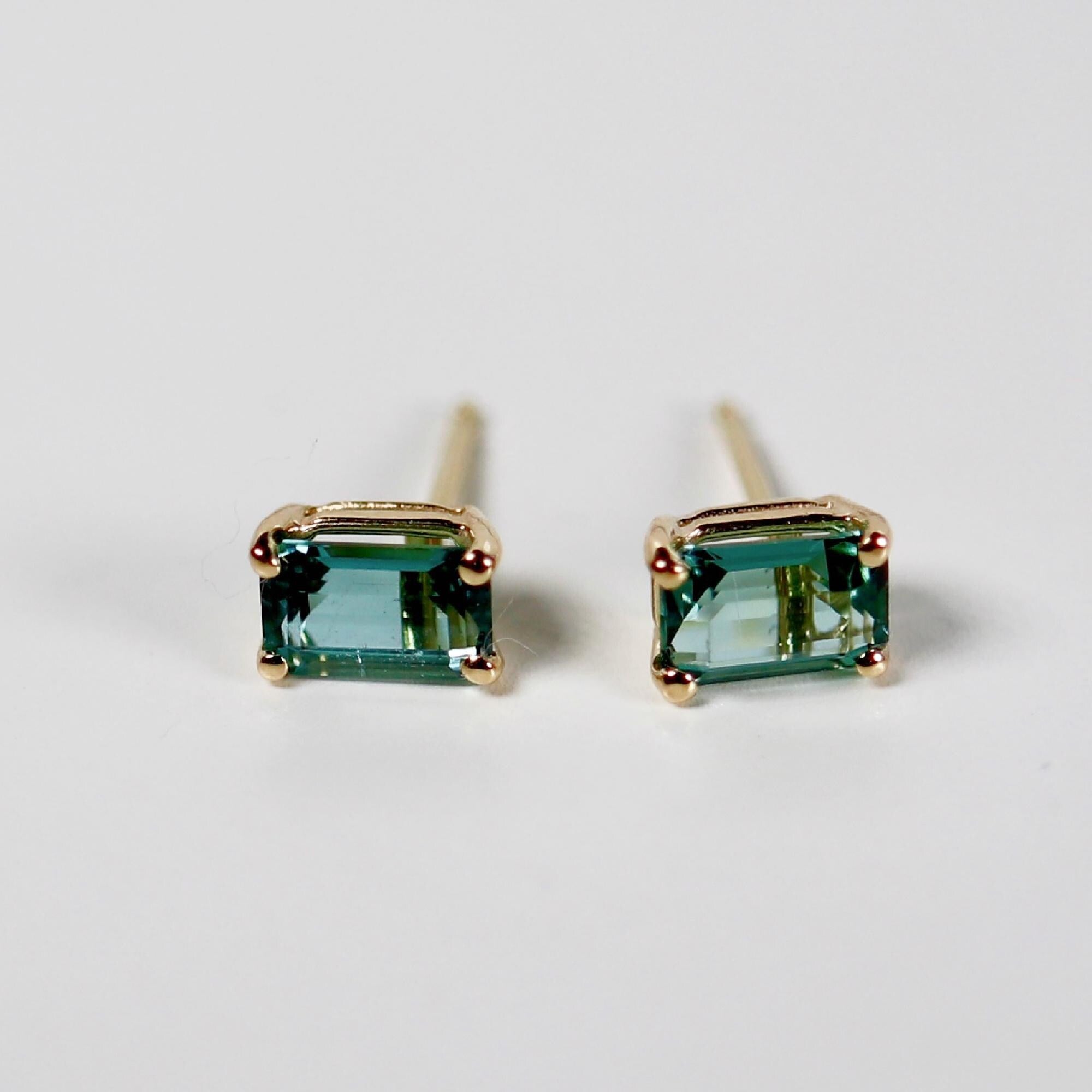 Teal Green Tourmaline Earrings 14k Gold, Emerald Cut Tourmaline Stud Earrings, OOAK Green Tourmaline Earrings Studs, 8th Anniversary Gift