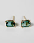 Teal Green Tourmaline Earrings 14k Gold, Emerald Cut Tourmaline Stud Earrings, OOAK Green Tourmaline Earrings Studs, 8th Anniversary Gift