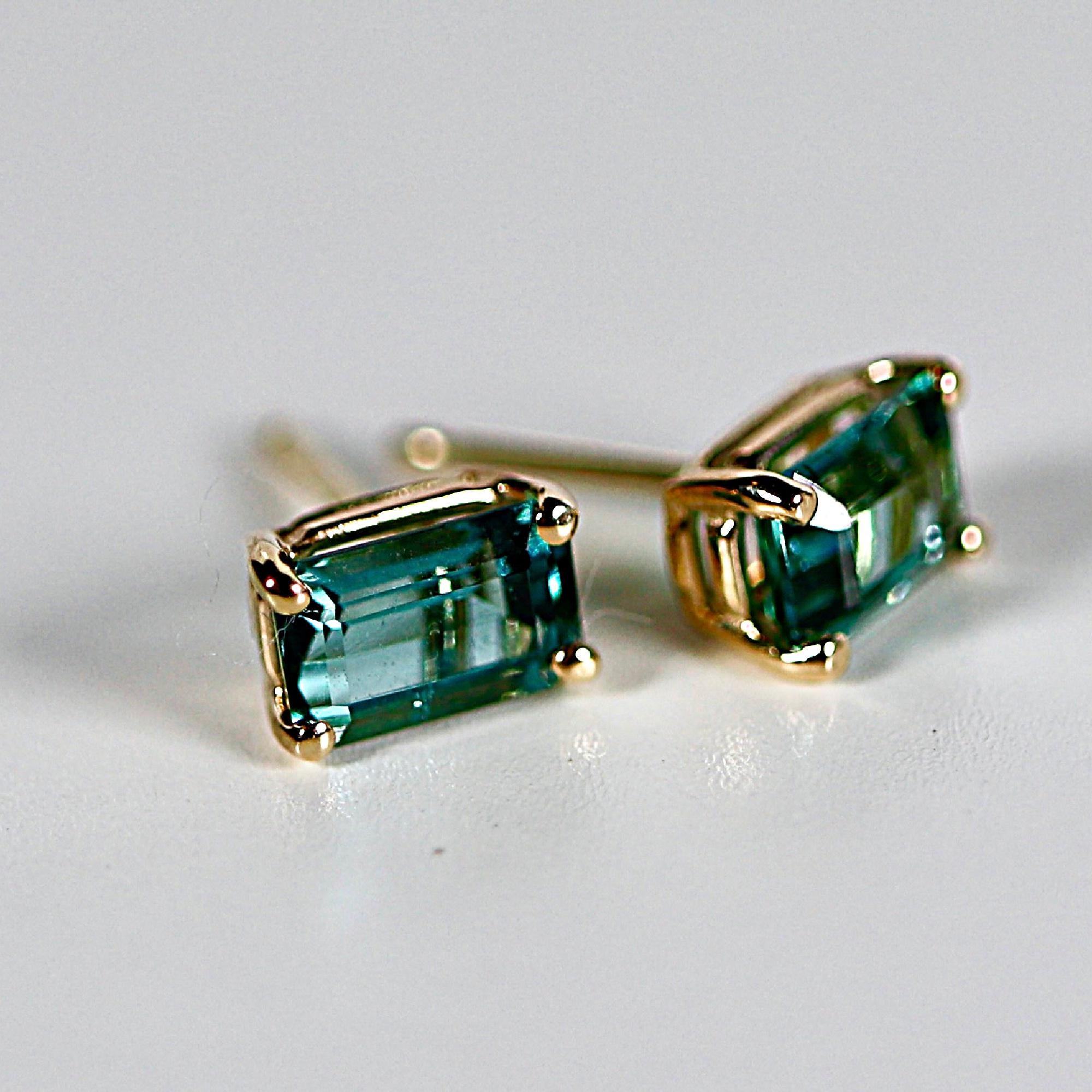 Teal Green Tourmaline Earrings 14k Gold, Emerald Cut Tourmaline Stud Earrings, OOAK Green Tourmaline Earrings Studs, 8th Anniversary Gift