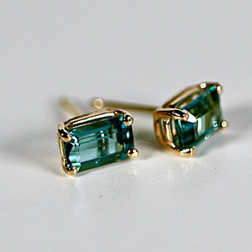 Teal Green Tourmaline Earrings 14k Gold, Emerald Cut Tourmaline Stud Earrings, OOAK Green Tourmaline Earrings Studs, 8th Anniversary Gift