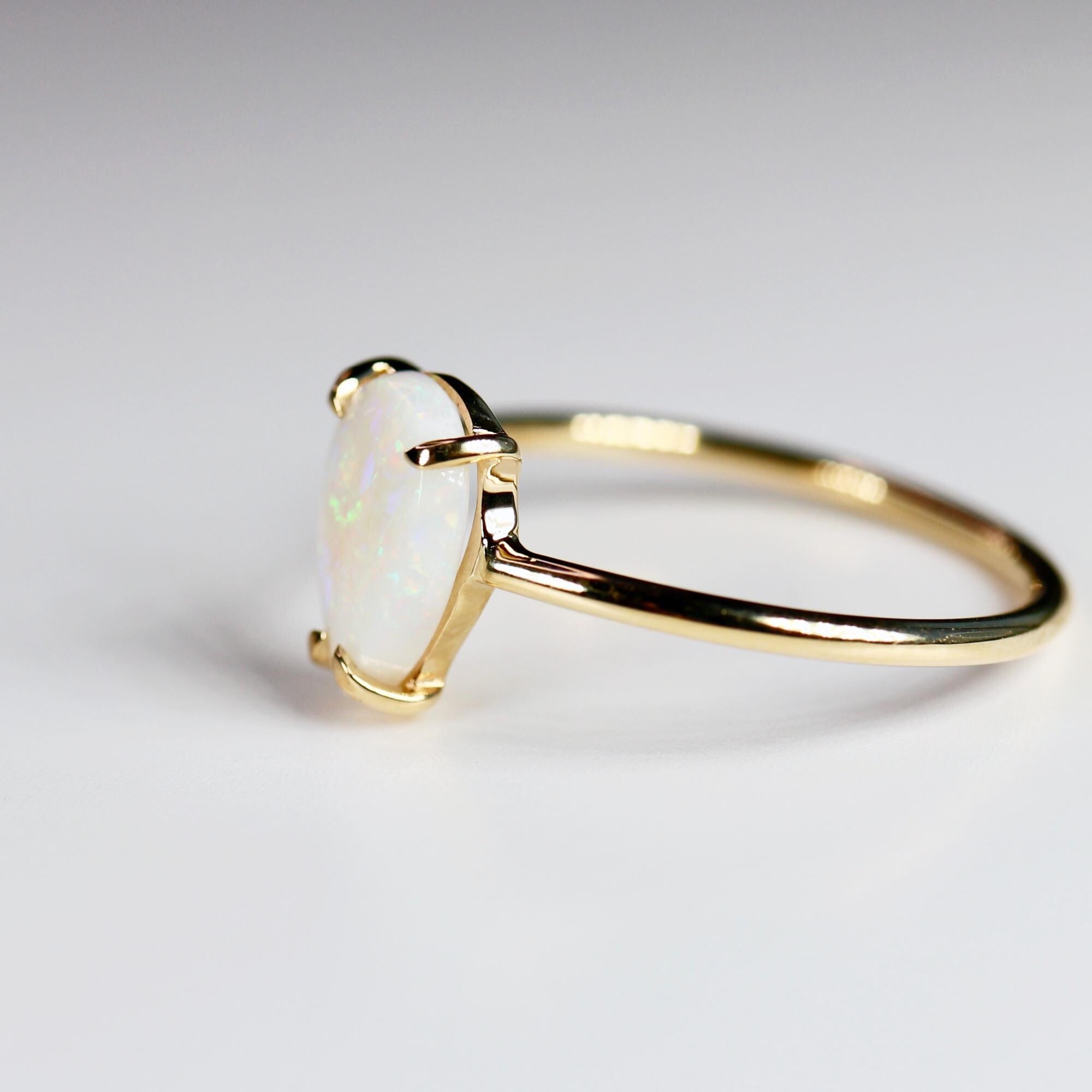 Australian Opal Engagement Ring 14k Solid Gold, Pear Shaped Australian Opal Ring, Teardrop Opal Ring, Natural Opal Ring, October Birthstone