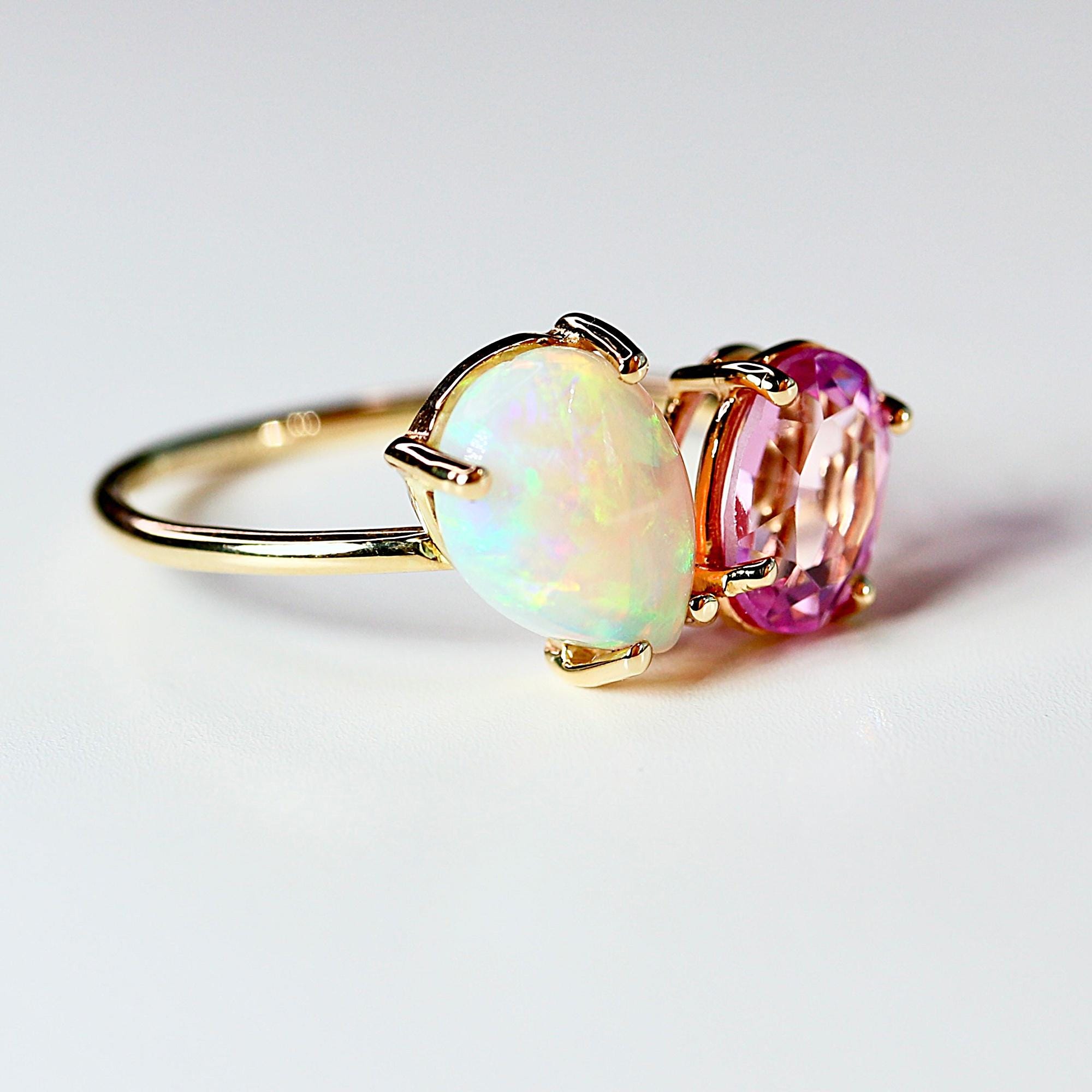 Toi et Moi Ring 14k Gold, Two Stone Ring, Opal &amp; Pink Topaz Engagement Ring, You and Me Ring, Cluster Ring, Anniversary Ring