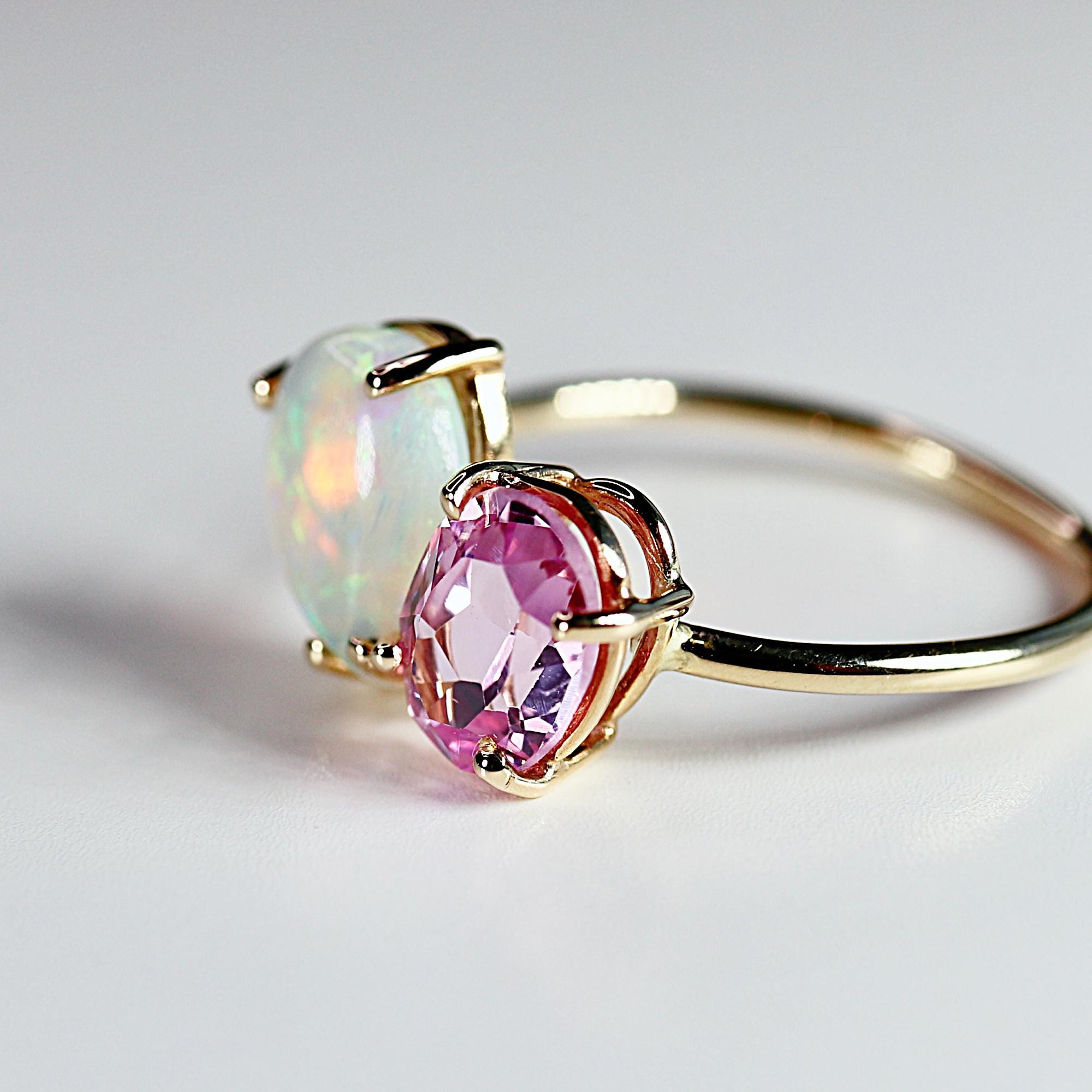 Toi et Moi Ring 14k Gold, Two Stone Ring, Opal &amp; Pink Topaz Engagement Ring, You and Me Ring, Cluster Ring, Anniversary Ring