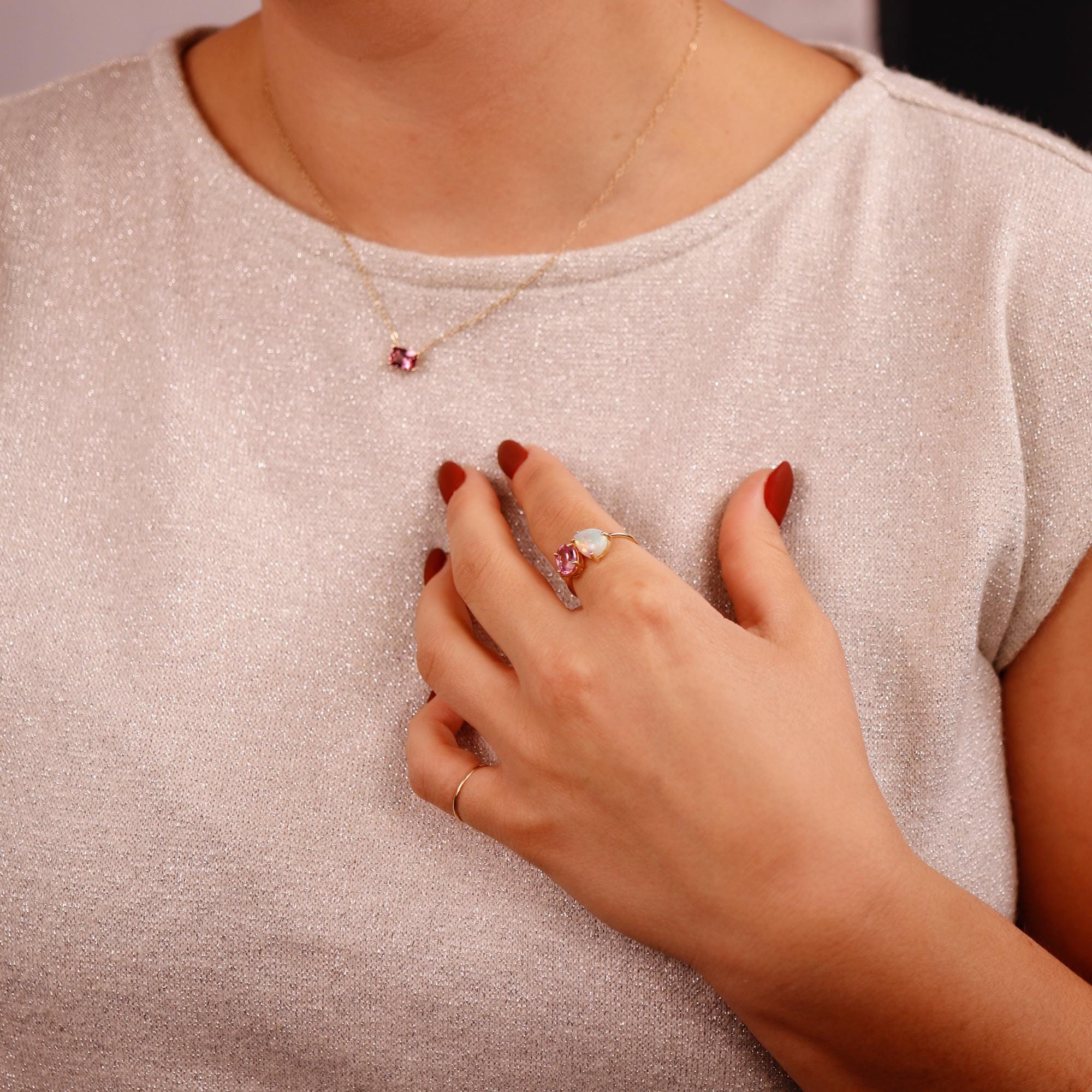 Toi et Moi Ring 14k Gold, Two Stone Ring, Opal &amp; Pink Topaz Engagement Ring, You and Me Ring, Cluster Ring, Anniversary Ring