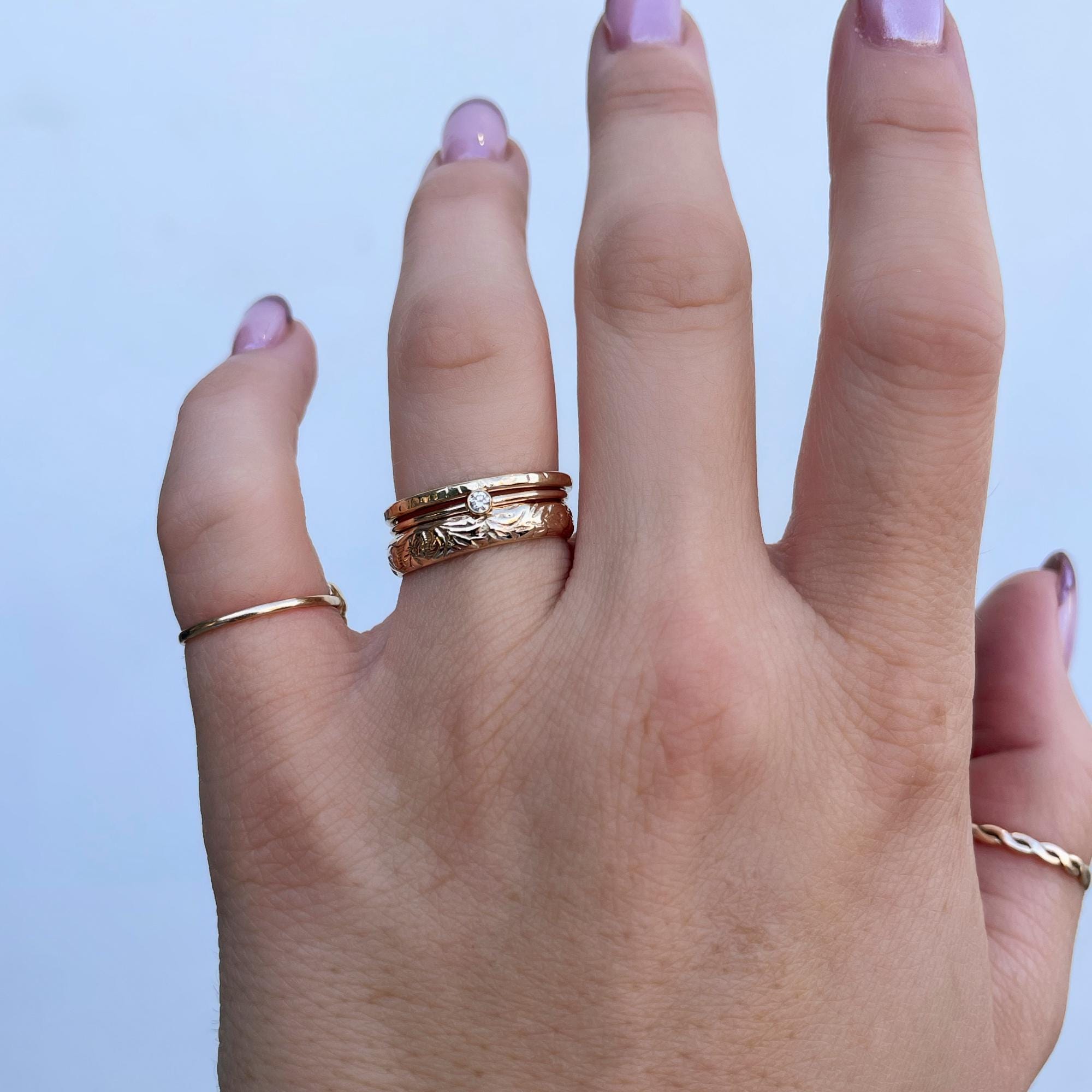 Set of 3 Gold Hammered Band Rings, Stacking Ring Set