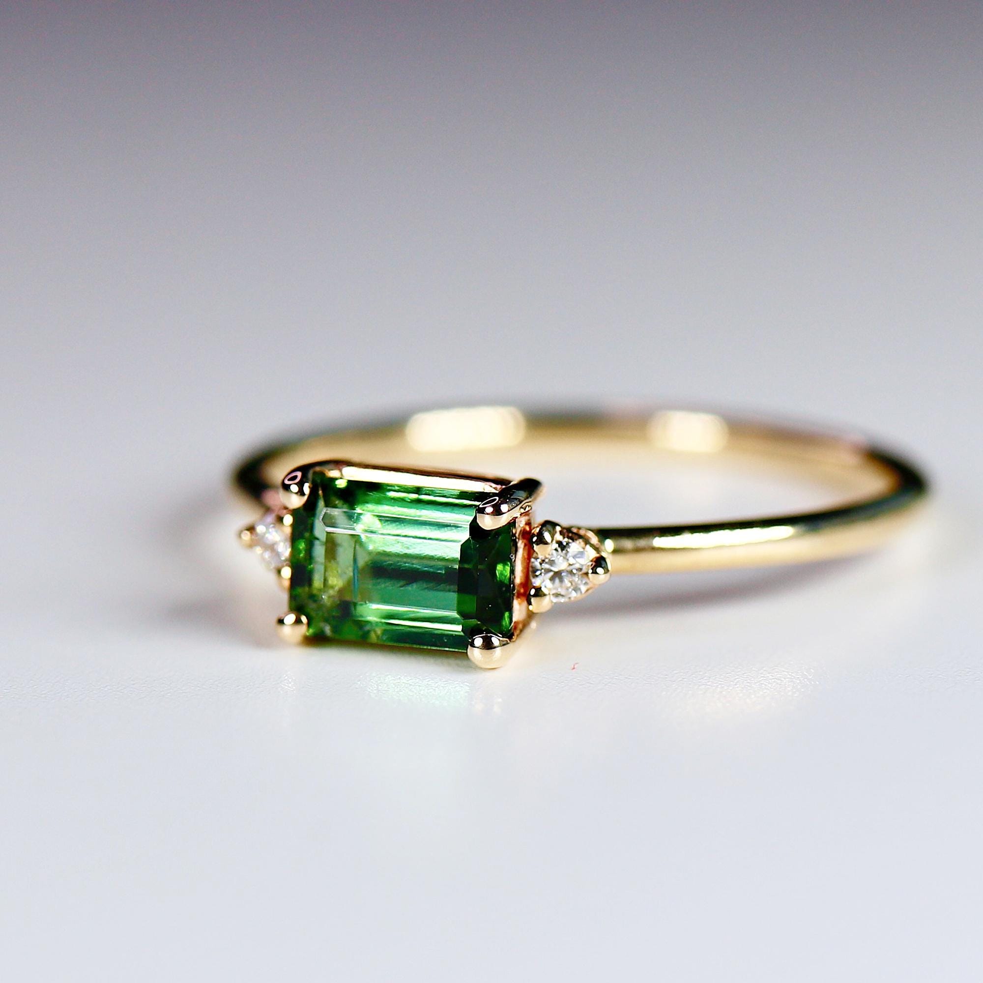 Green Tourmaline Engagement Ring 14k Gold, Diamond and Tourmaline Ring, Minimalist East West Ring, Anniversary Gift, 3 Stones Ring