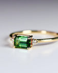 Green Tourmaline Engagement Ring 14k Gold, Diamond and Tourmaline Ring, Minimalist East West Ring, Anniversary Gift, 3 Stones Ring