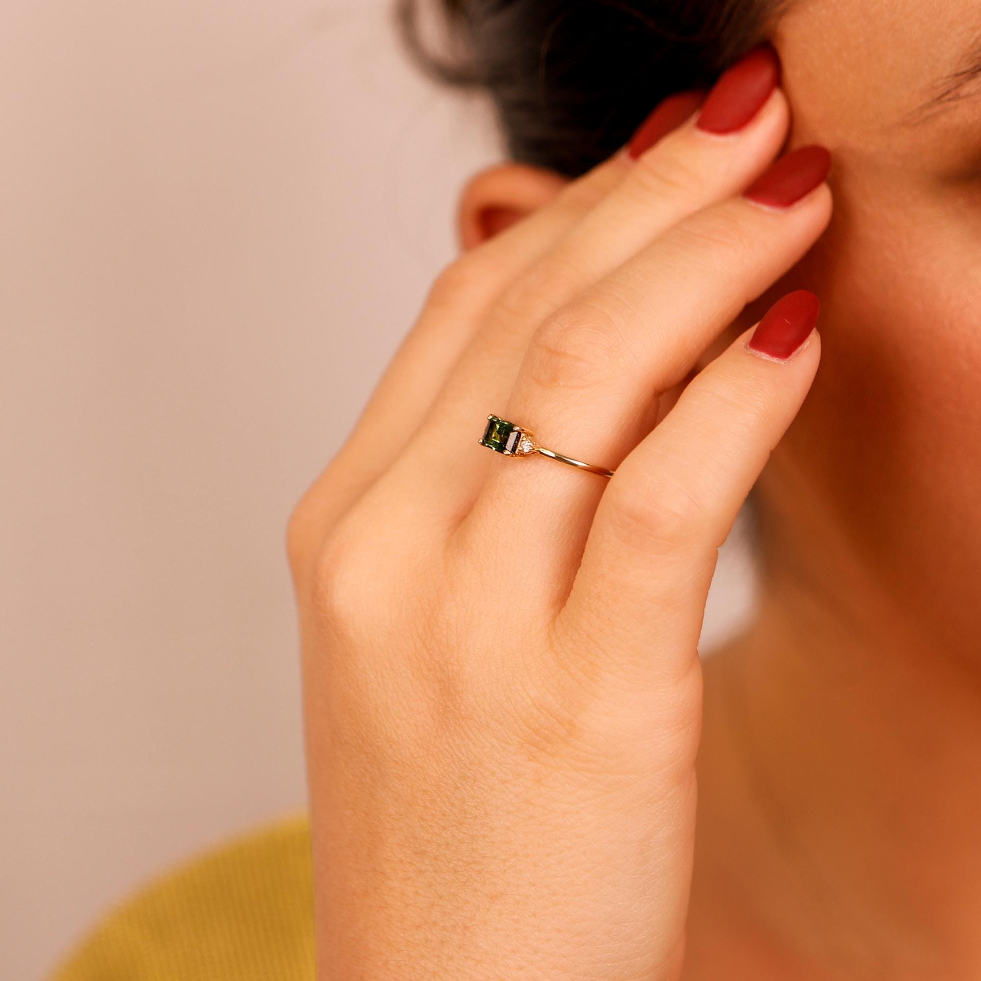 Green Tourmaline Engagement Ring 14k Gold, Diamond and Tourmaline Ring, Minimalist East West Ring, Anniversary Gift, 3 Stones Ring