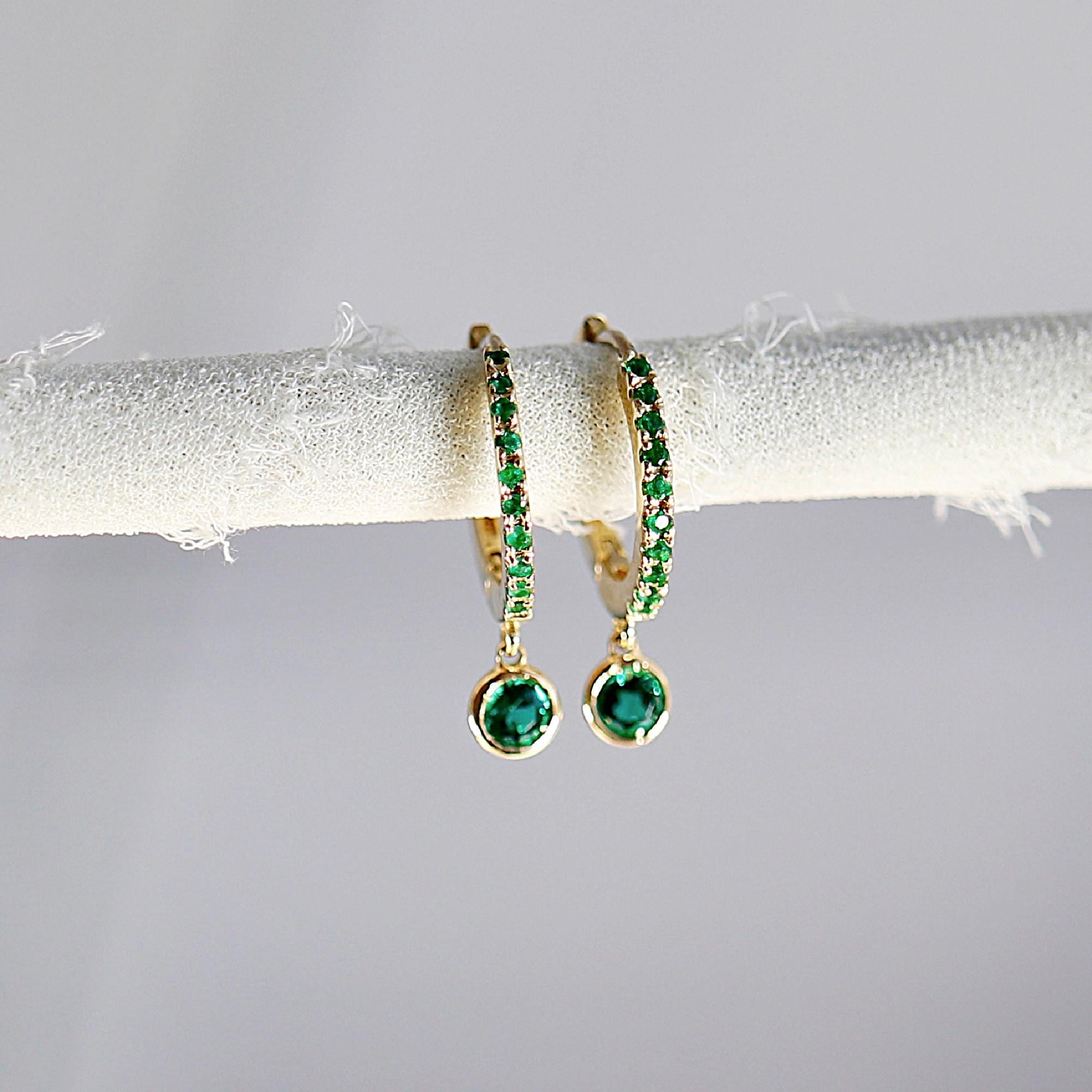 Emerald Hoop Earrings 14k Gold, Dangle Emerald Hoop Earrings, Green Emerald Earrings, Emerald Dangle Hoops, May Birthstone Jewelry Gift