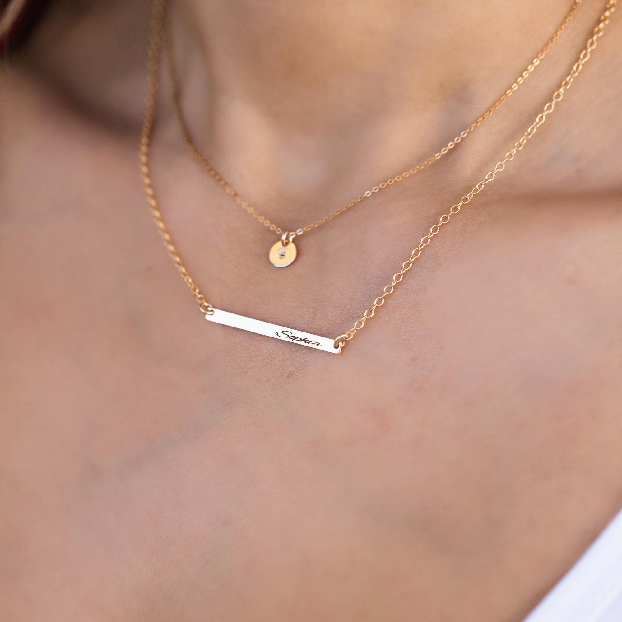 Engraved Skinny Gold Bar Necklace - Sterling Silver Personalized