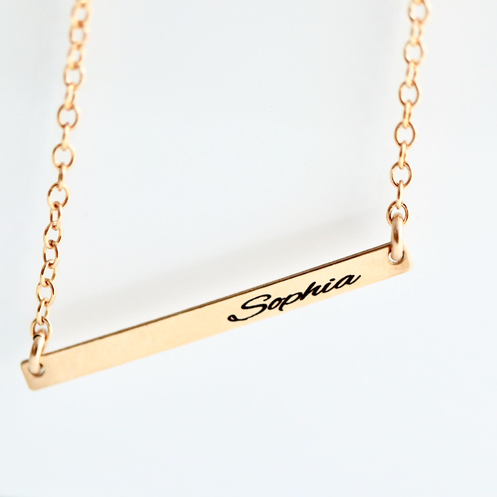 Engraved Skinny Gold Bar Necklace - Sterling Silver Personalized