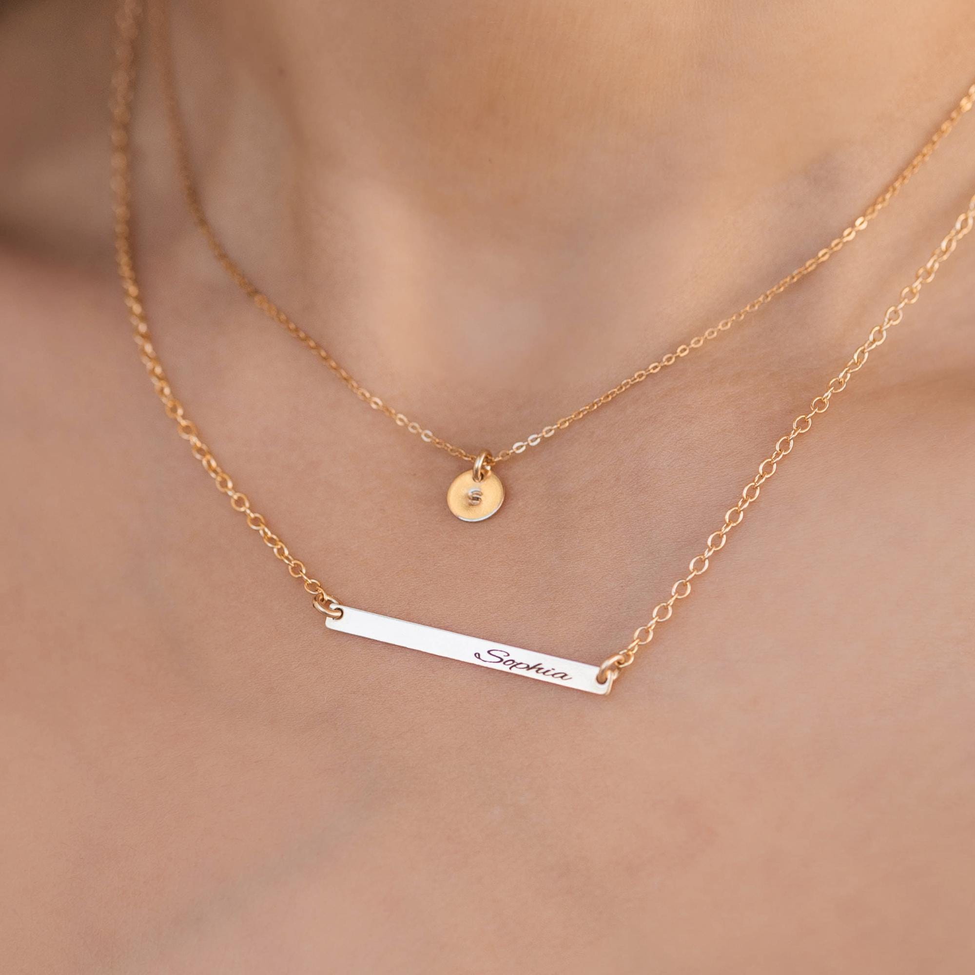 Engraved Skinny Gold Bar Necklace - Sterling Silver Personalized