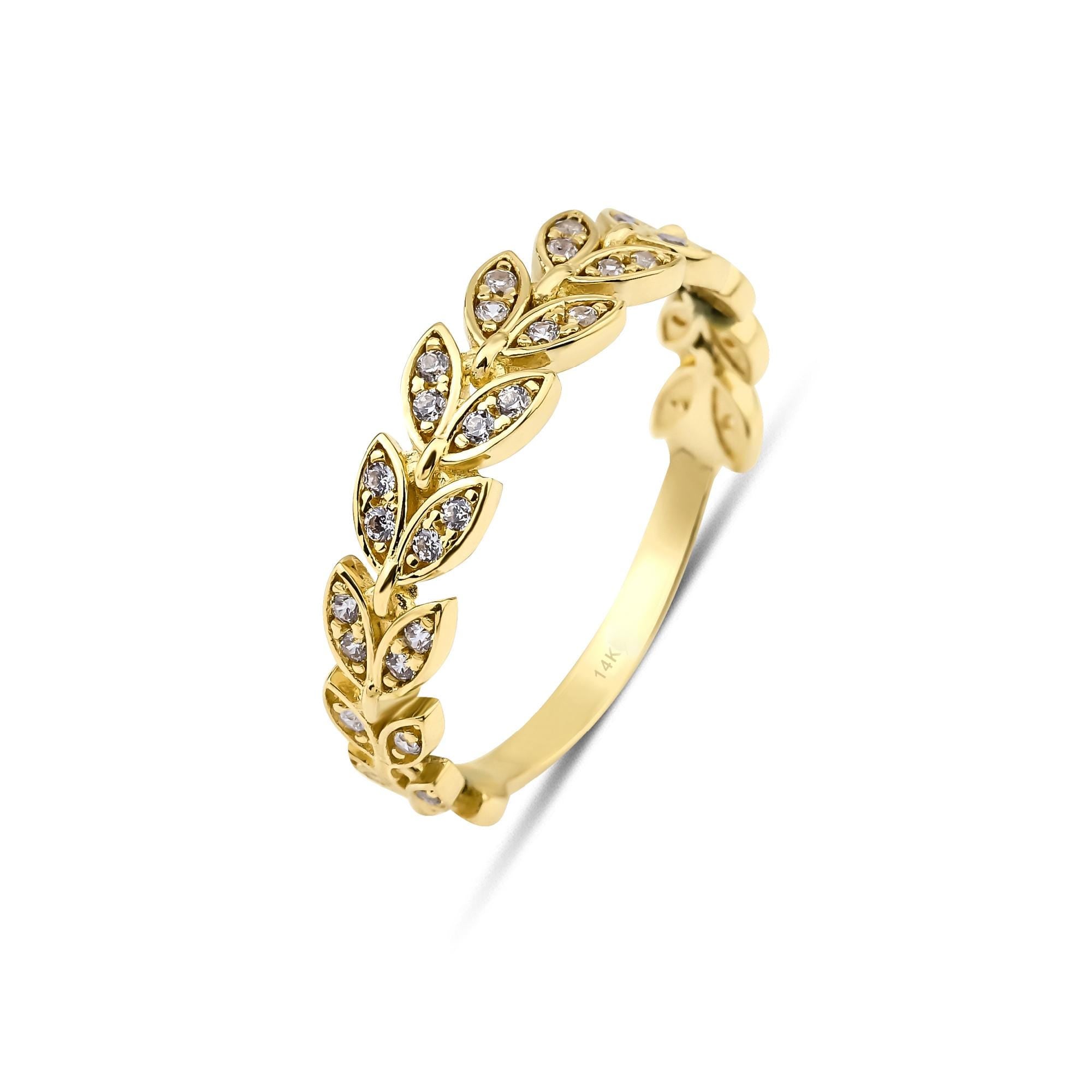 14k Gold Micro Pave Olive Leaf Ring Band, Nature Lover Gift, CZ Stacking Ring, Minimalist 14k Gold Ring Cubic Zirconia, Stacking Leaves Ring